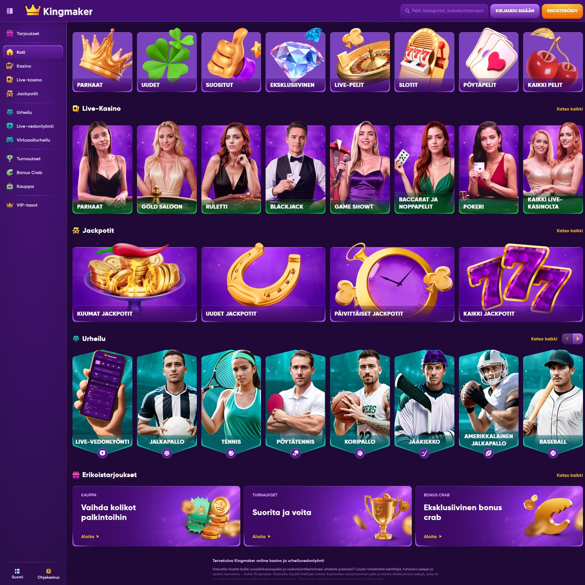 Suomalaiset nettikasinot tarjoavat monia hyötyjä pelaajille. Kingmaker Casino on suosittelemamme nettikasino, jolle voit lunastaa bonuksia ja muita etuja.