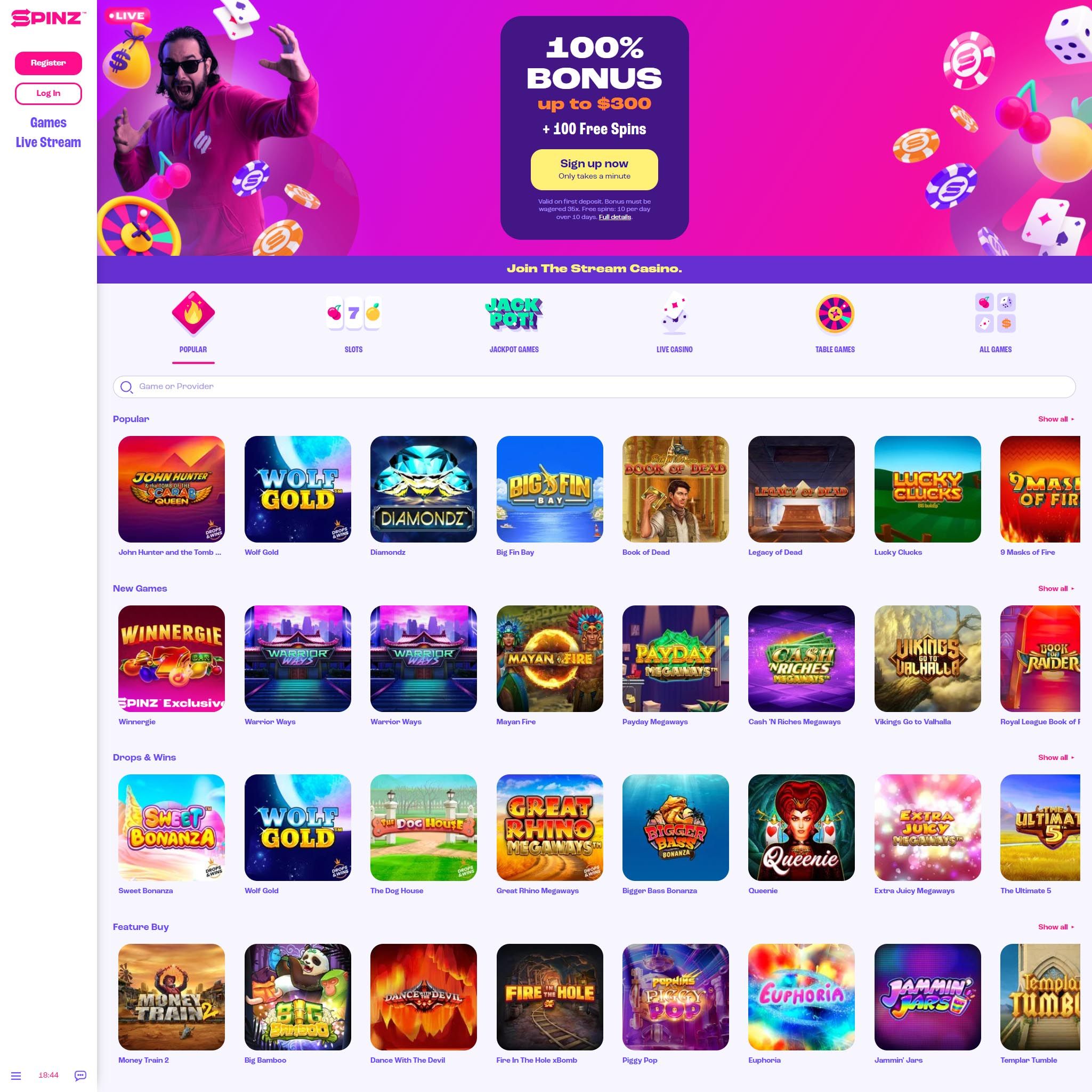 Spinz Casino full games catalogue