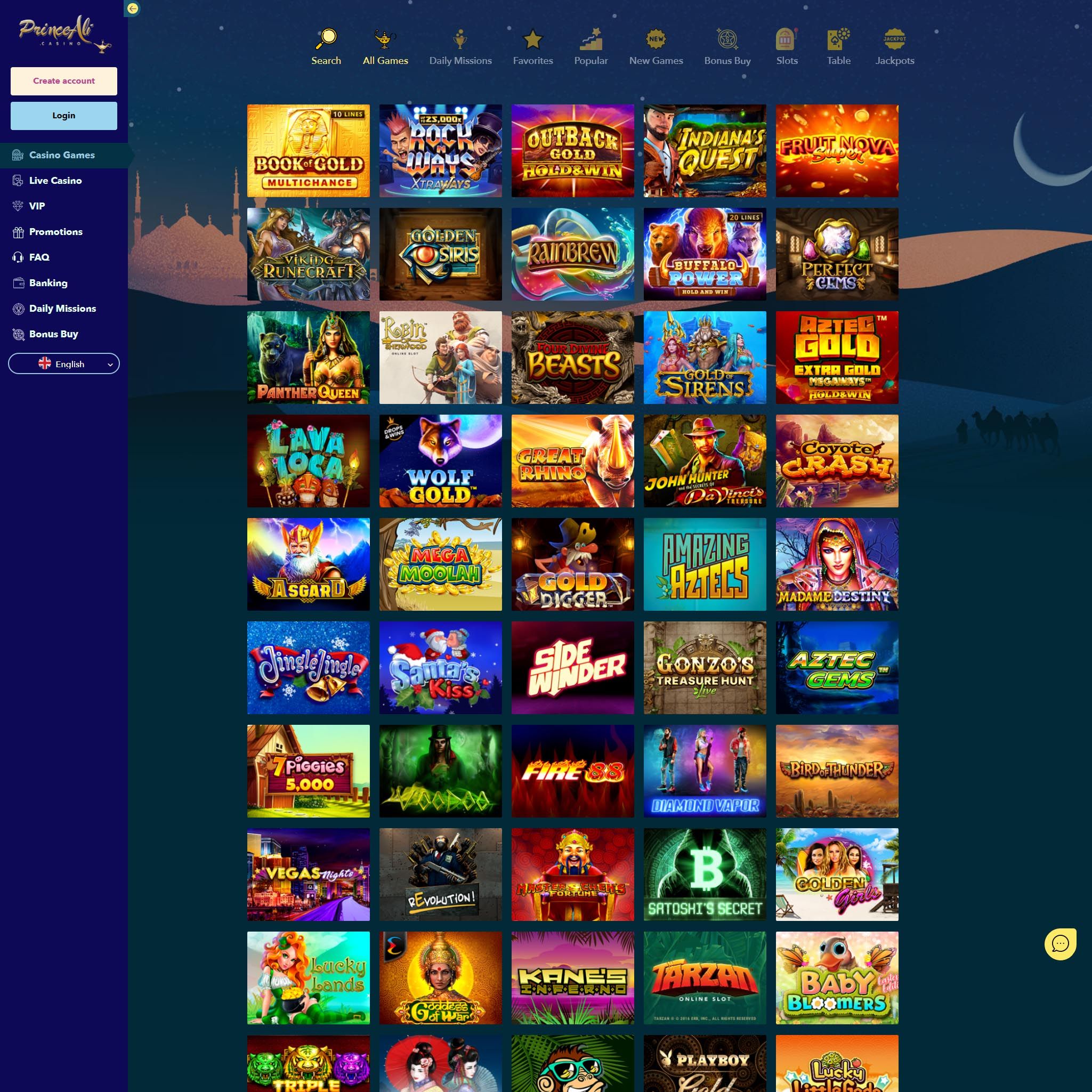 Prince Ali Casino full games catalogue