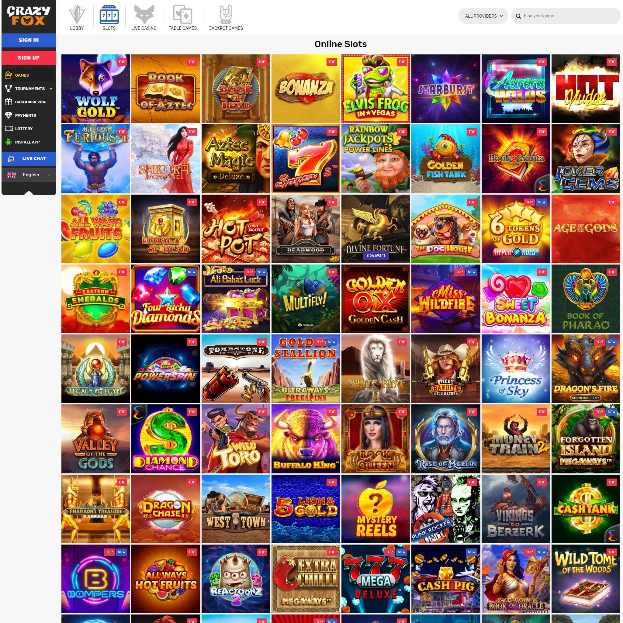 Crazy Fox Casino full games catalogue