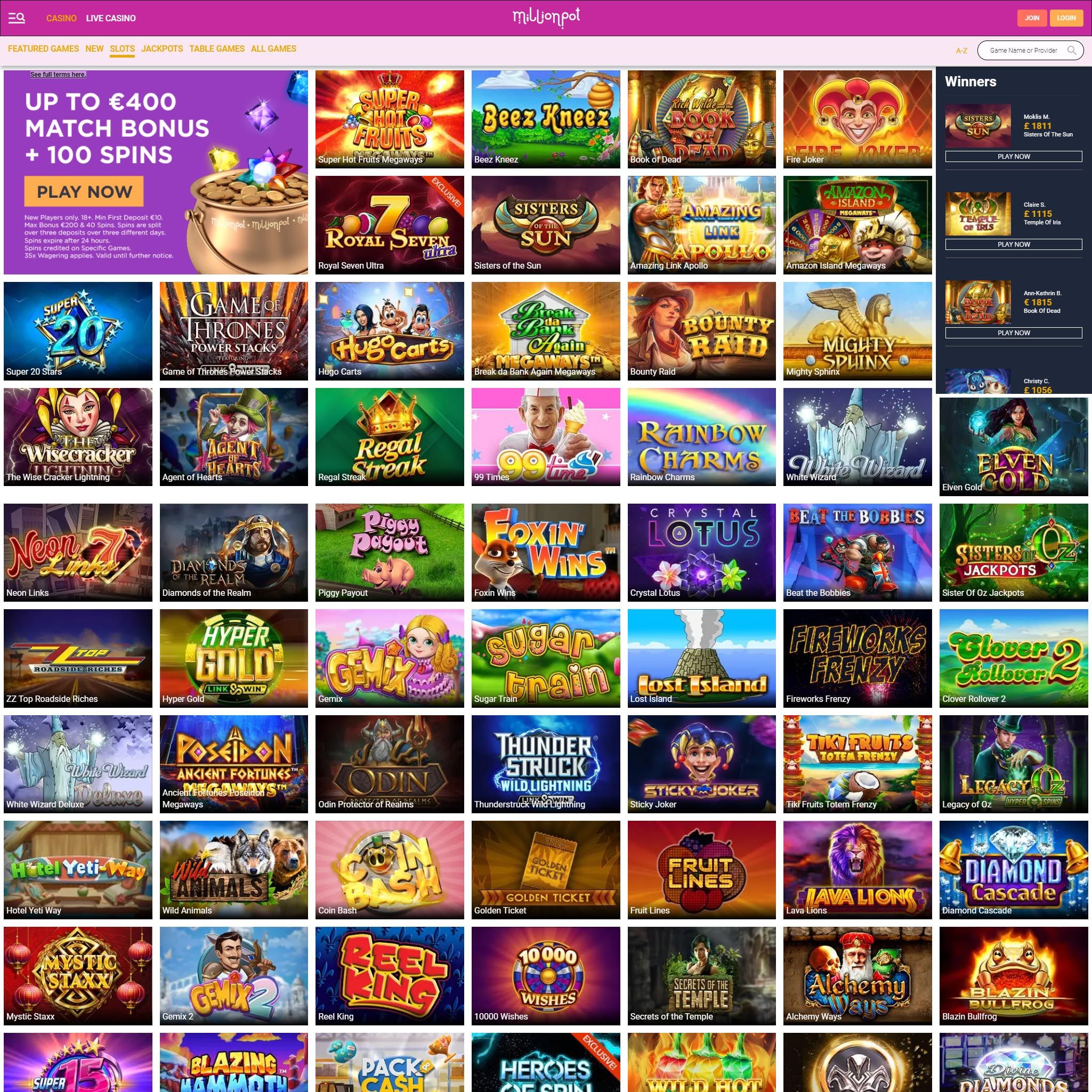 MillionPot full games catalogue