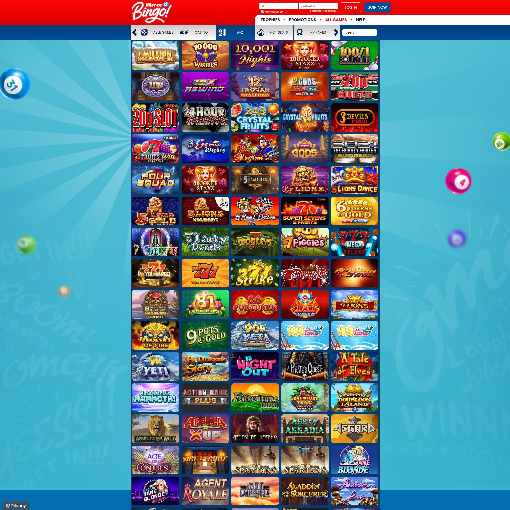 Mirror Bingo full games catalogue