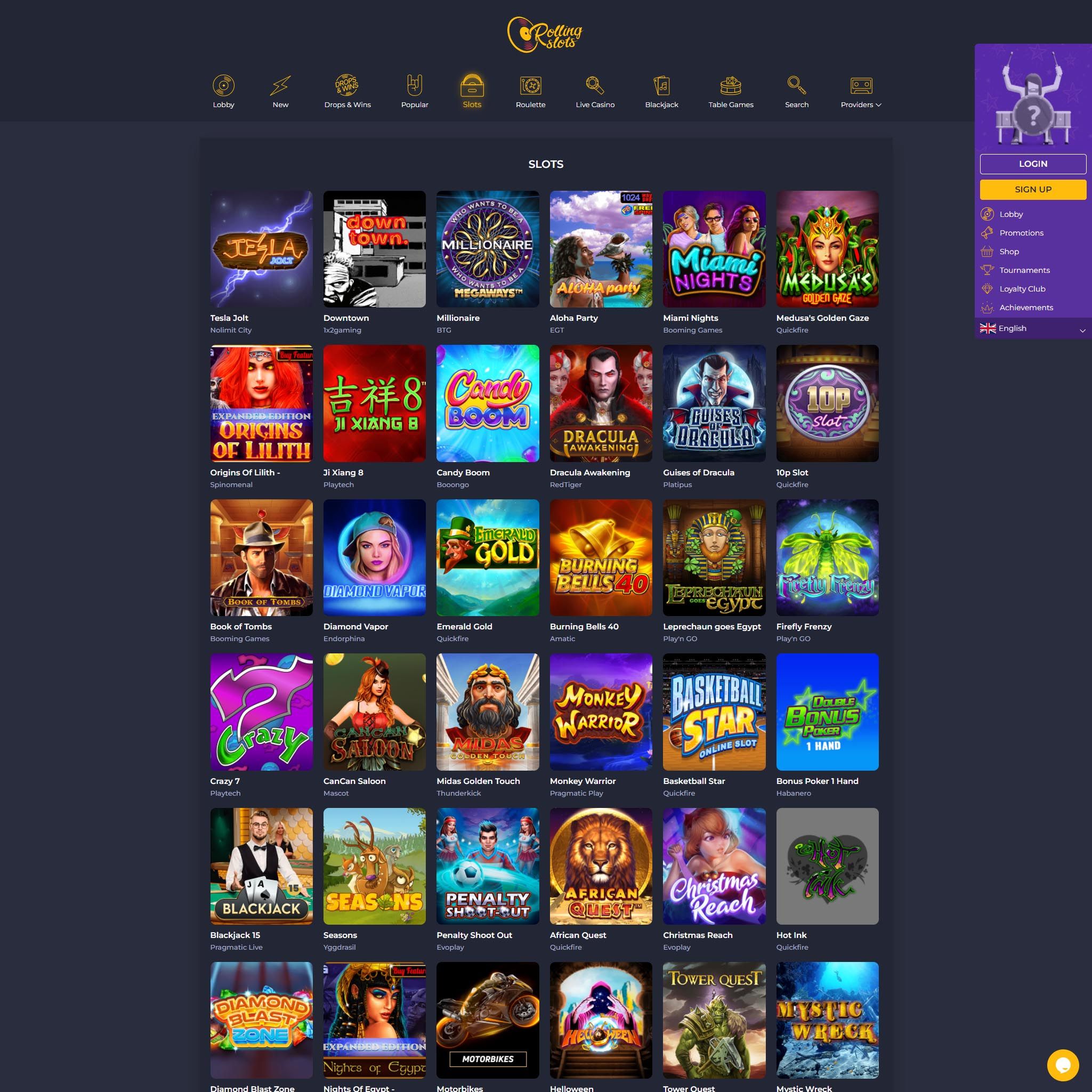 Find Rolling Slots game catalog