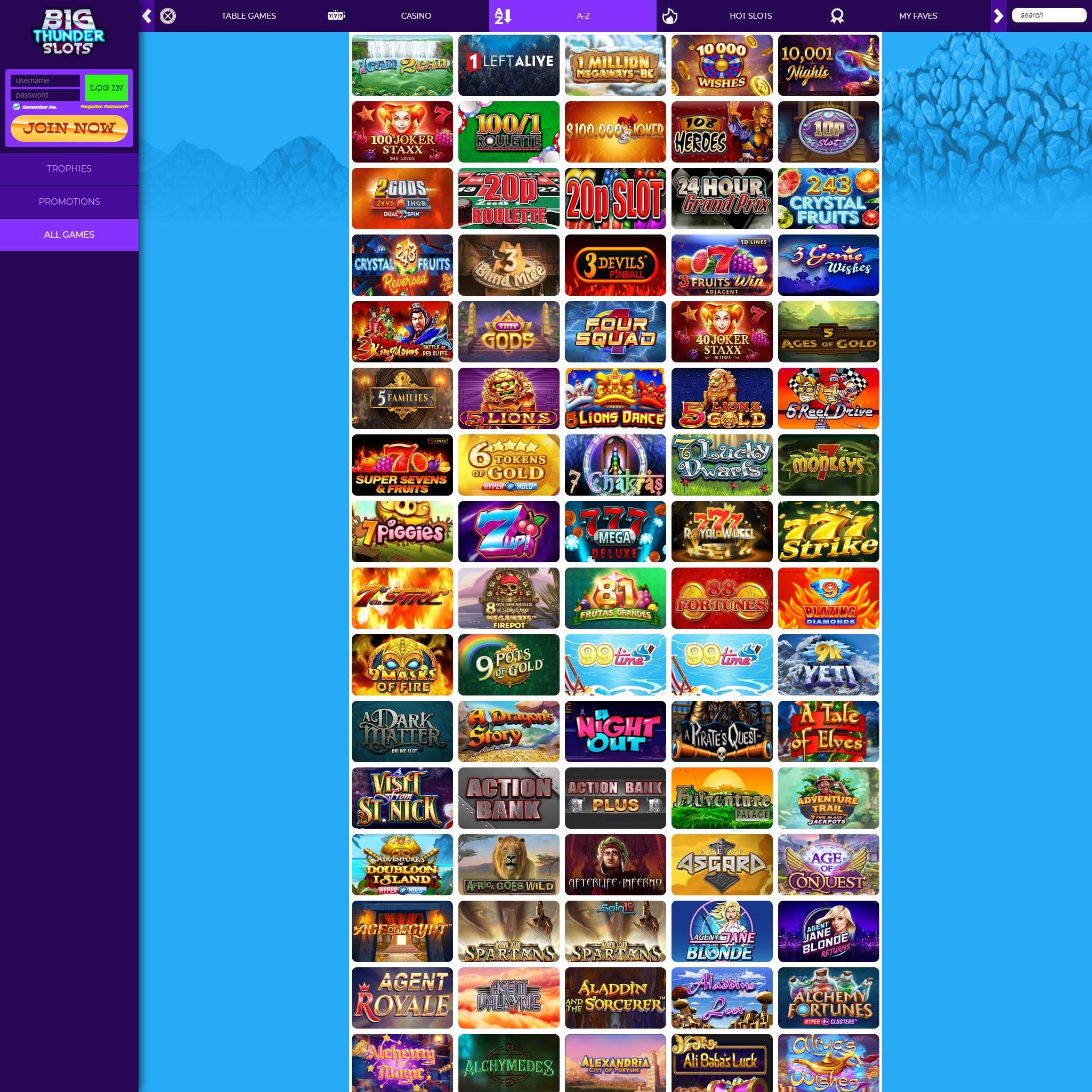 Big Thunder Slots Casino full games catalogue