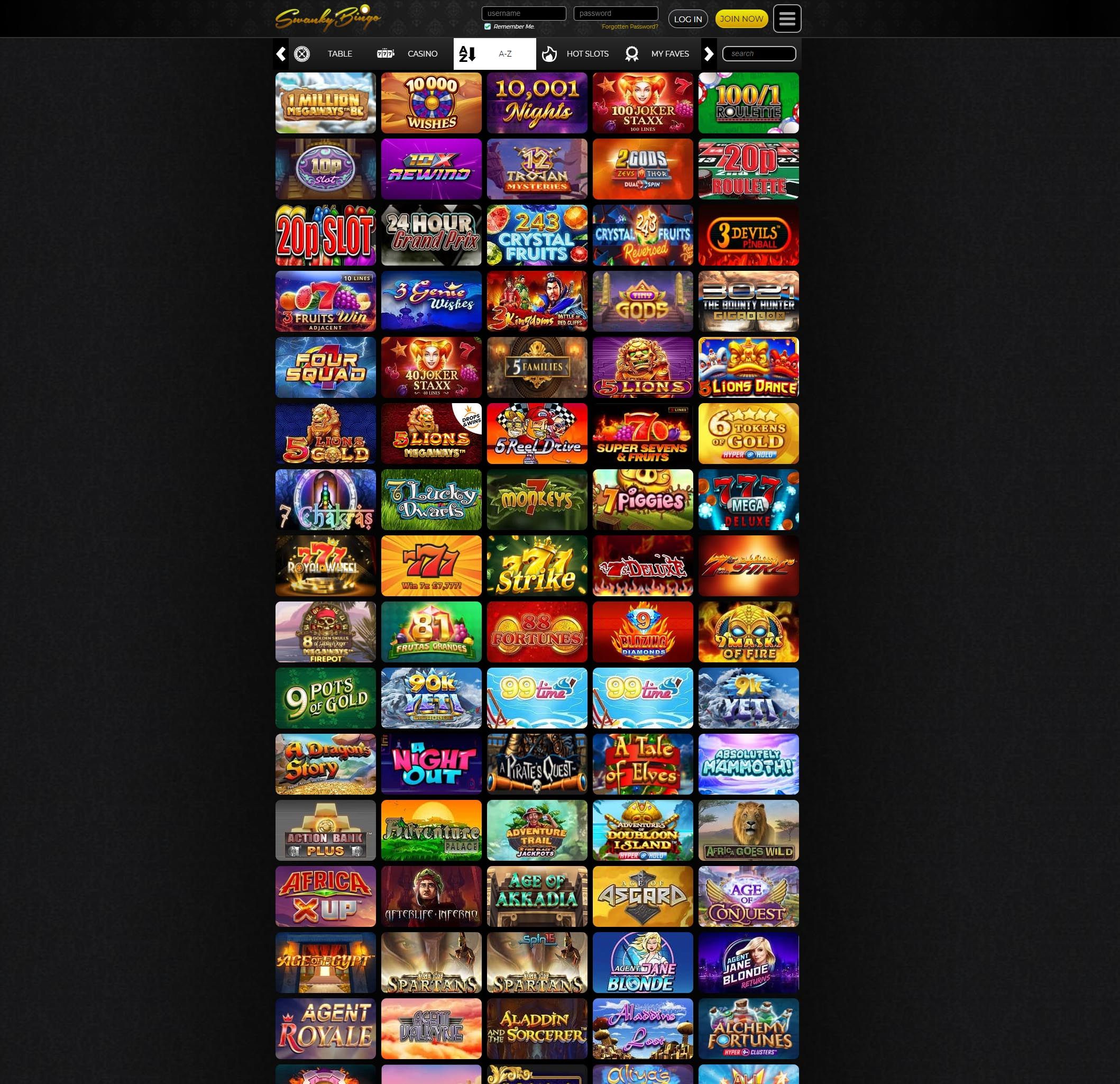 Swanky Bingo full games catalogue