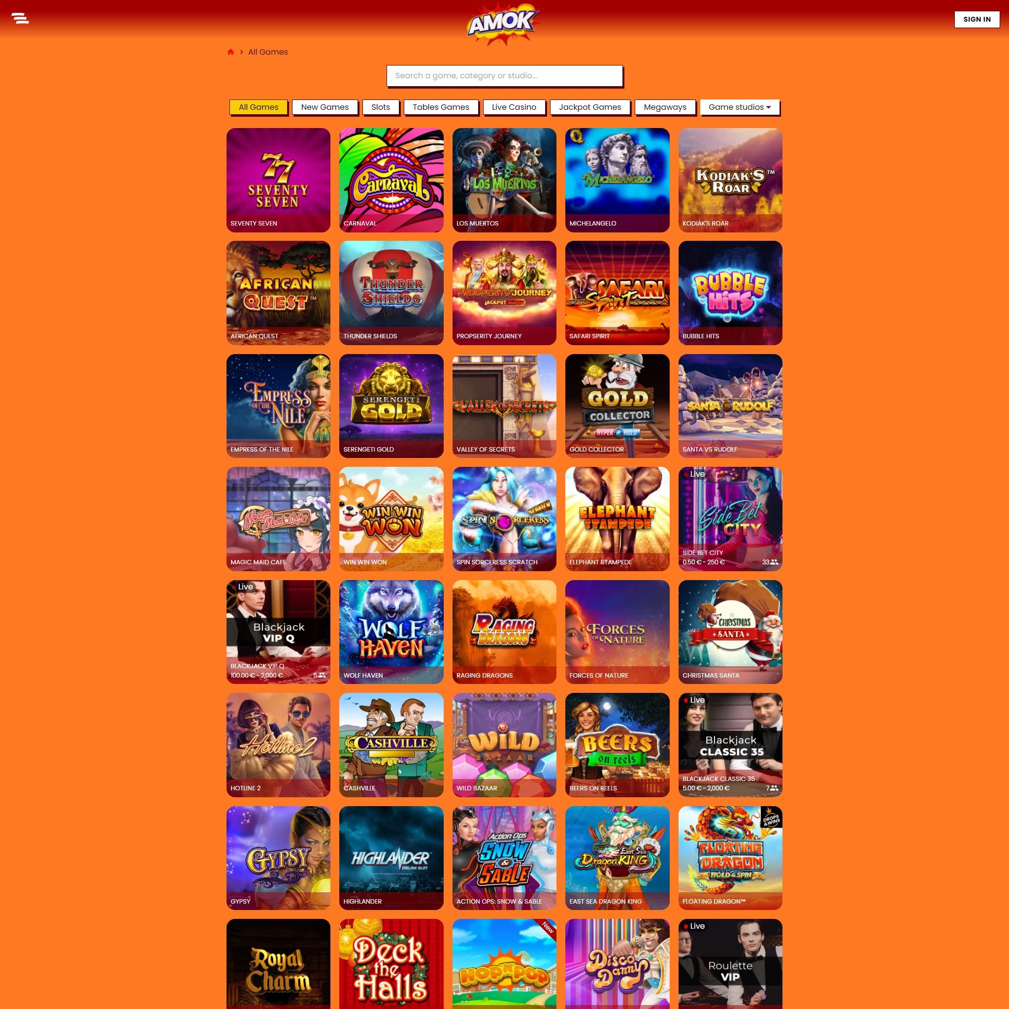 Amok Casino full games catalogue