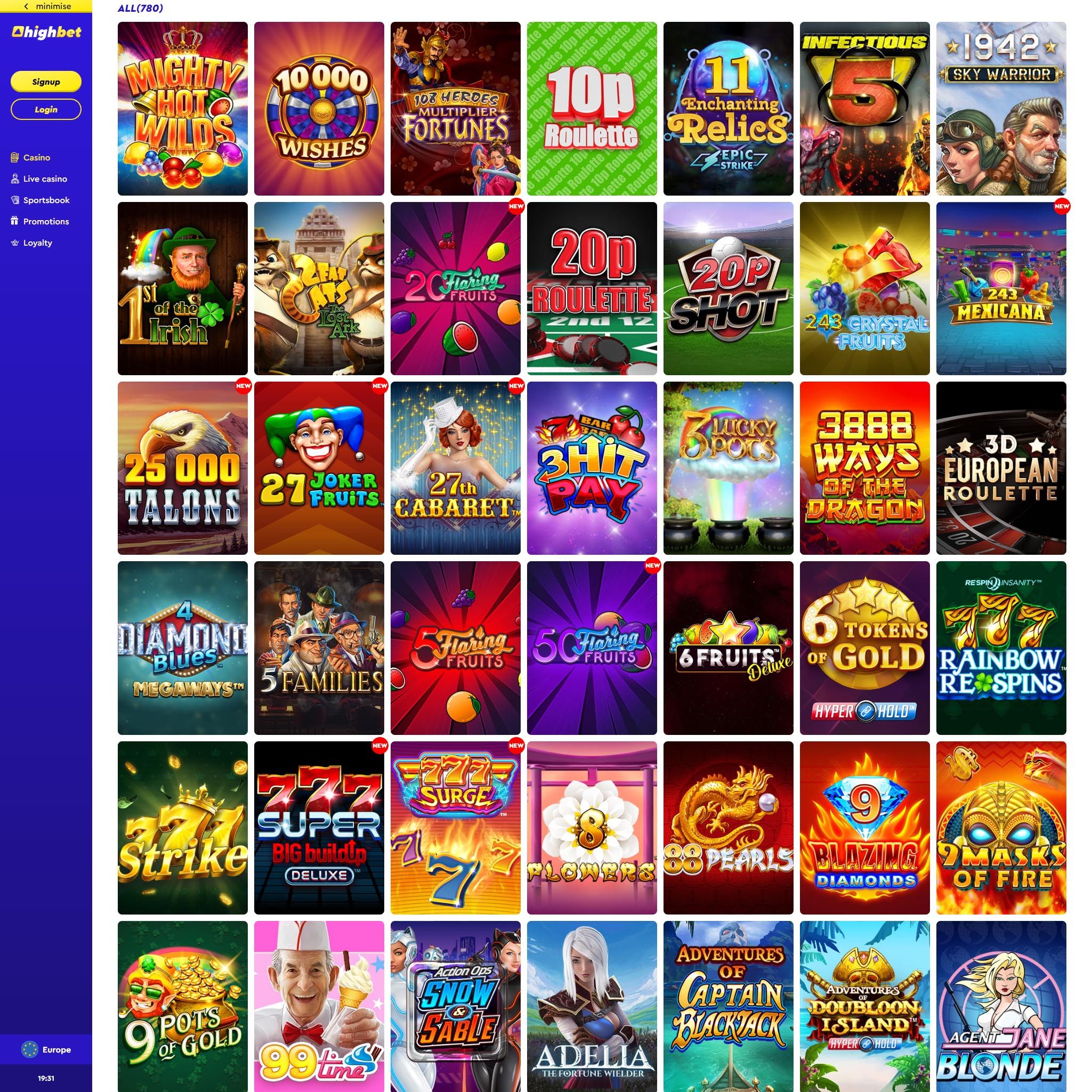 Find Highbet game catalog