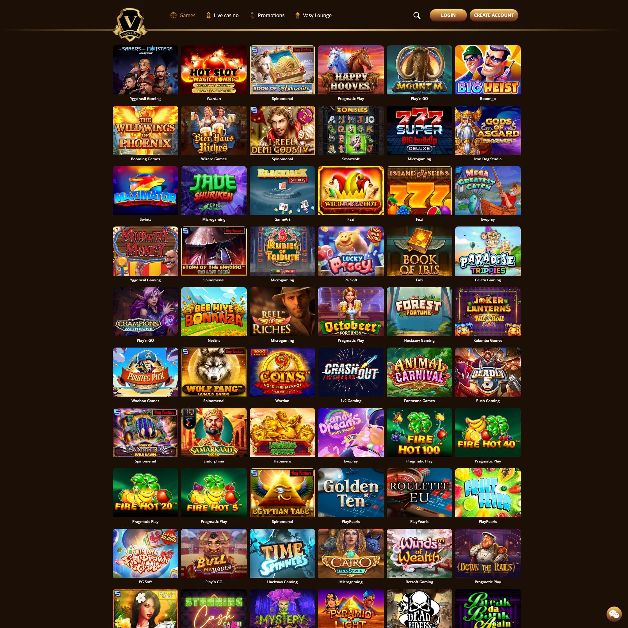 Find Vasy casino game catalog