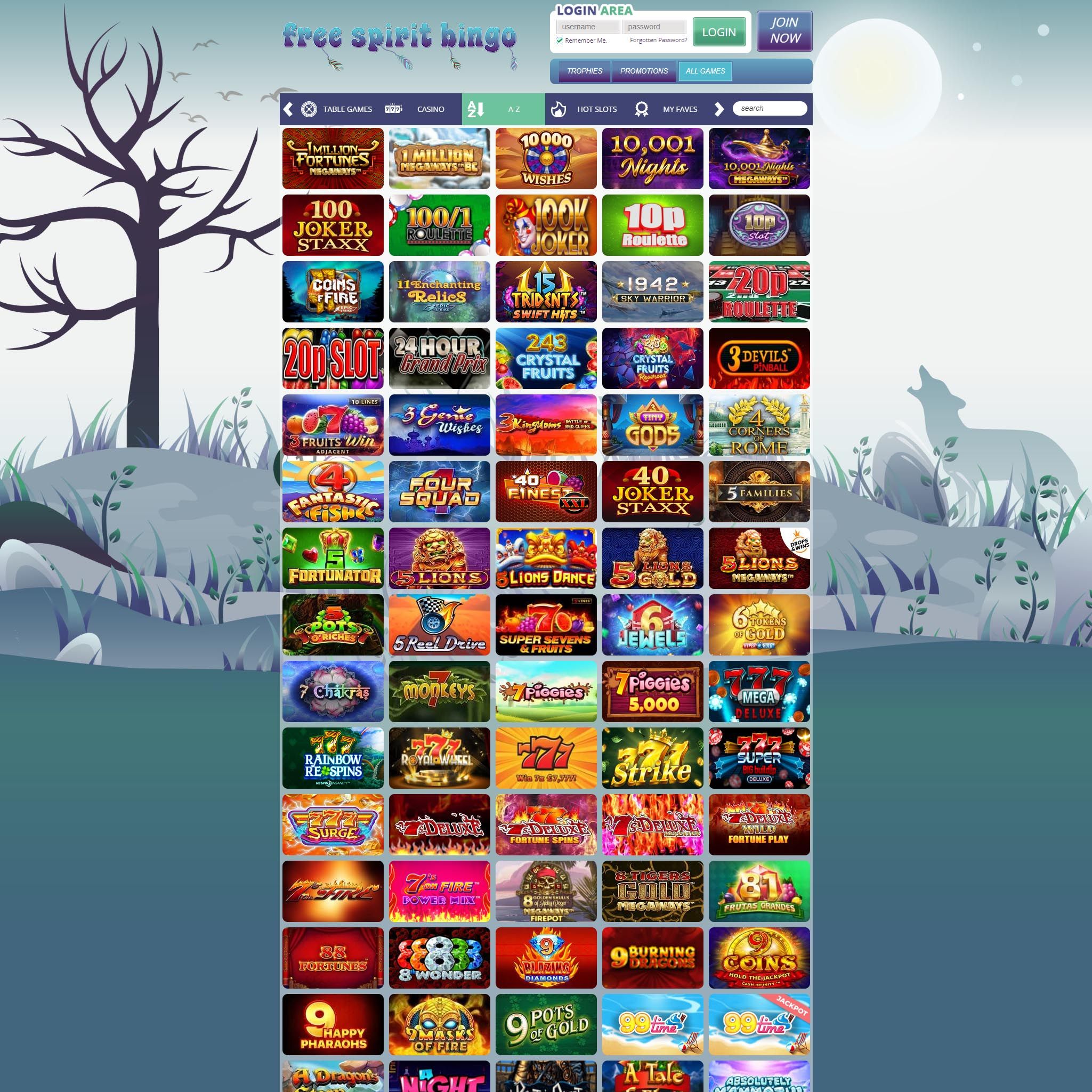 Free Spirit Bingo full games catalogue