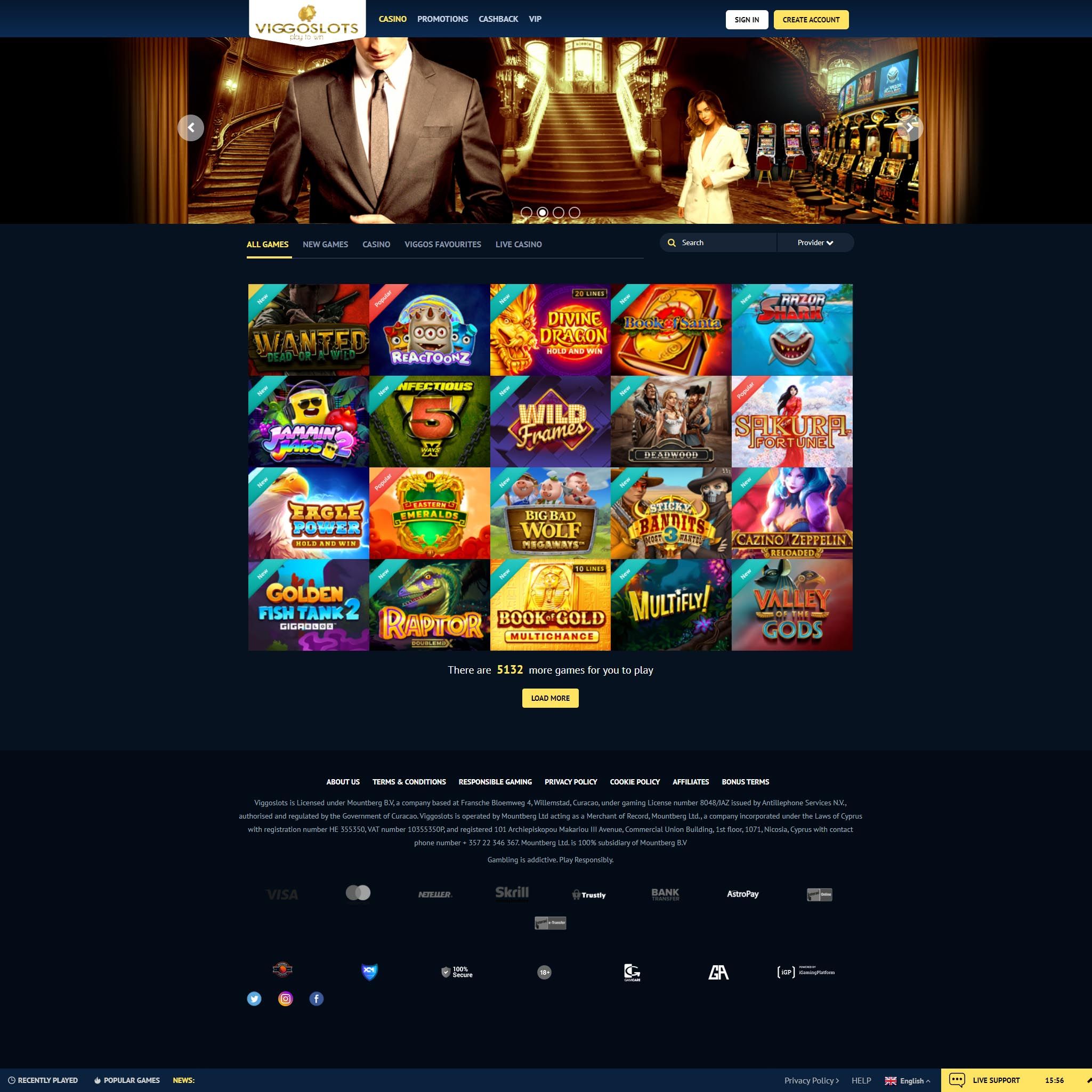 Interfaccia del casinò Viggoslots che mostra slot e bonus