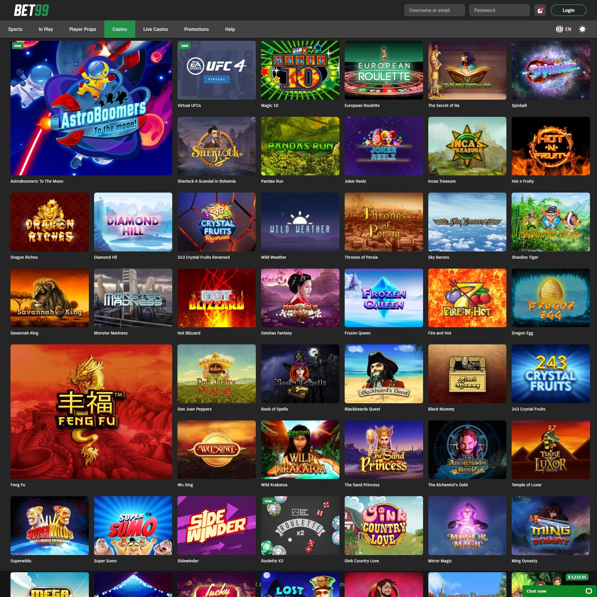 Bet99 Casino full games catalogue