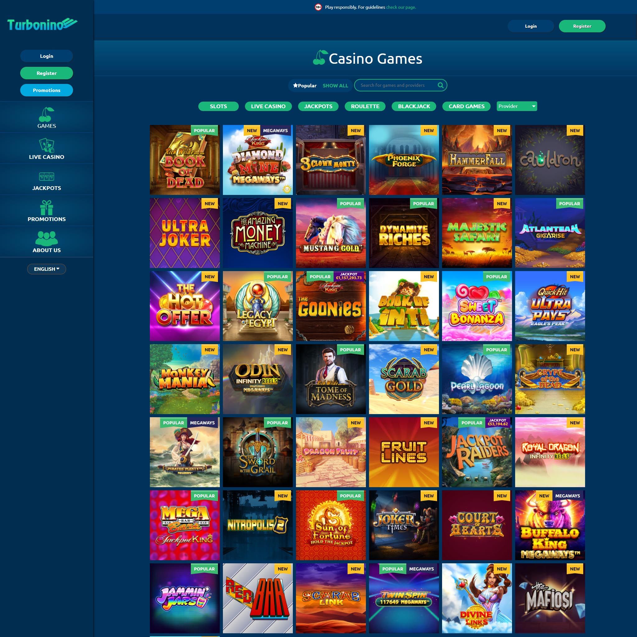 Find Turbonino Casino game catalog