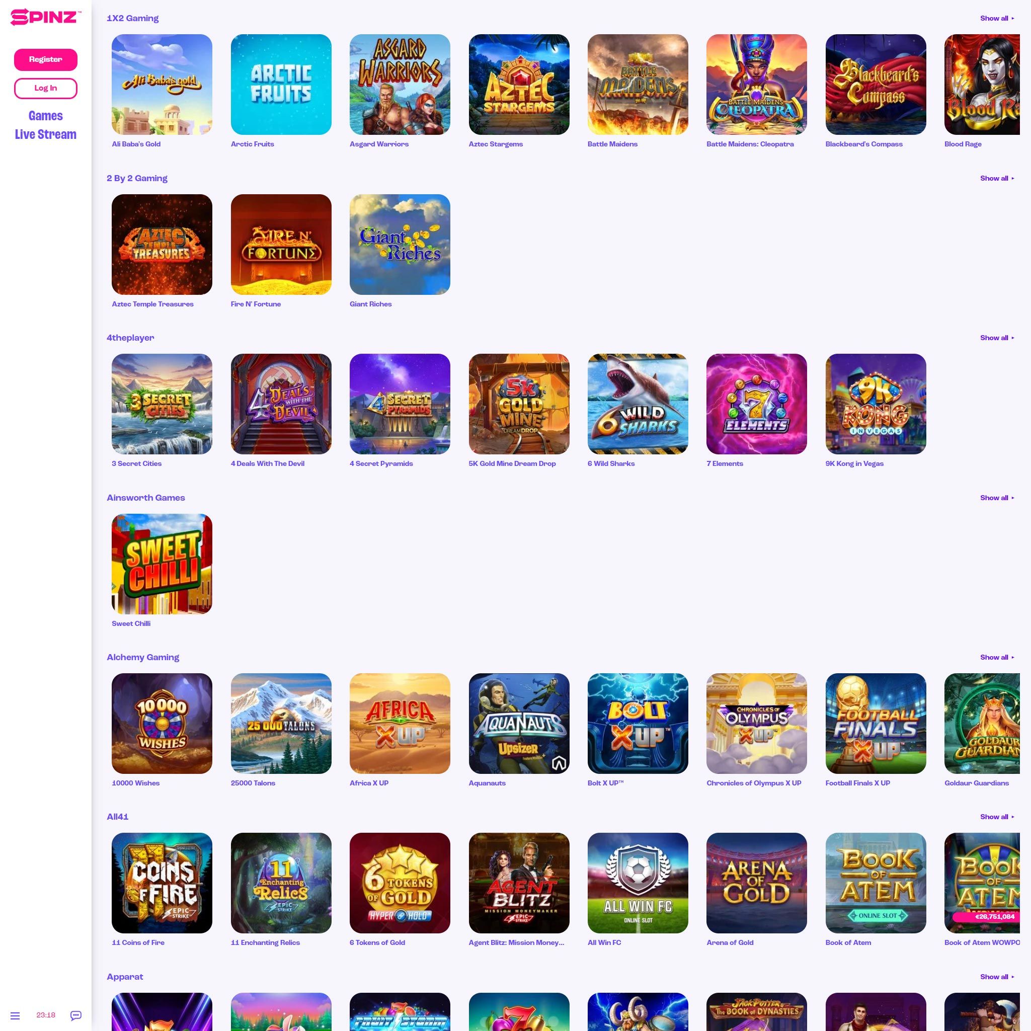 Spinz Casino full games catalogue