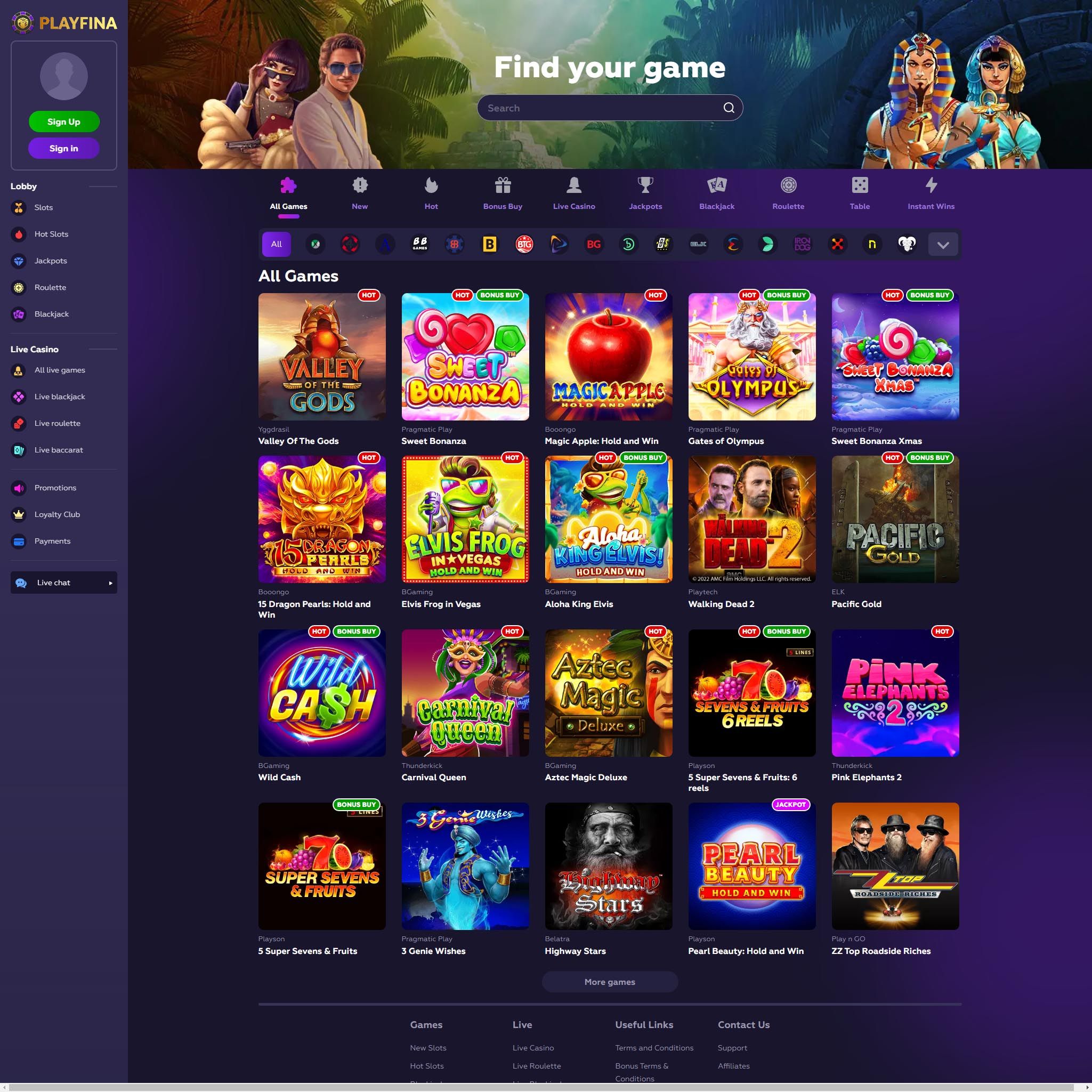 Playfina Casino full games catalogue