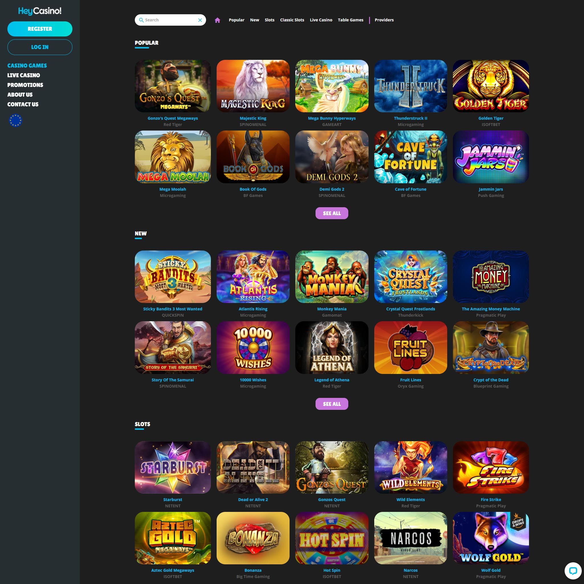 Find HeyCasino! game catalog