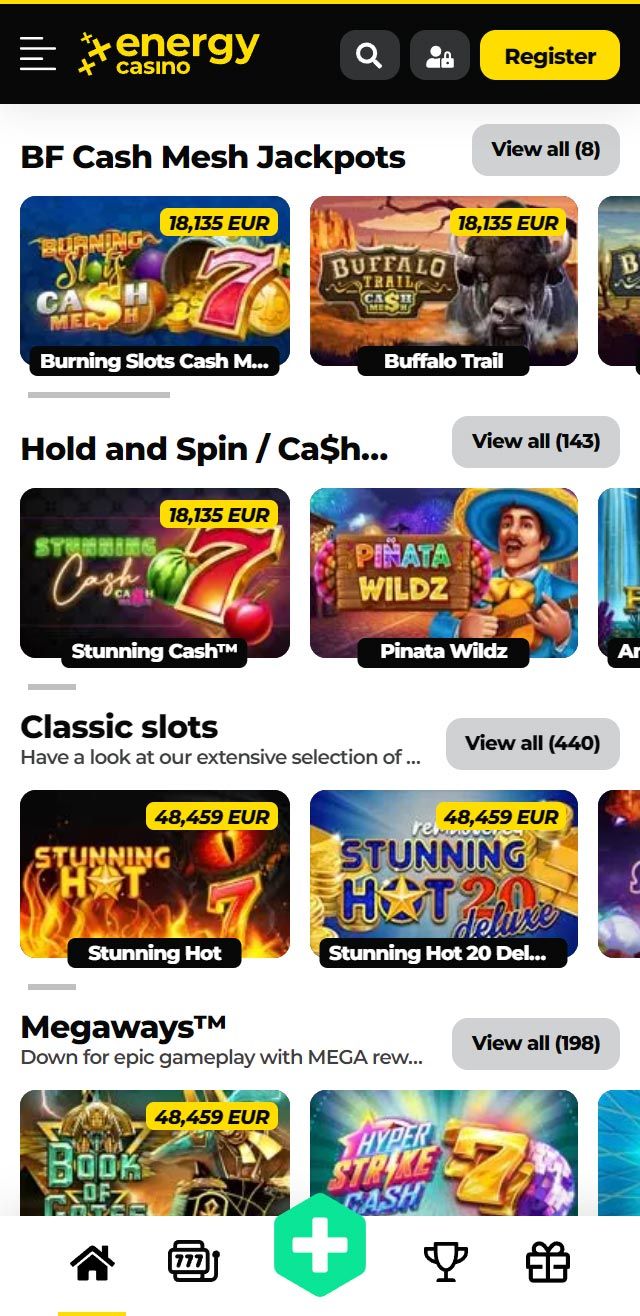 Interfejs gry w Energycasino pokazujący automaty i menu