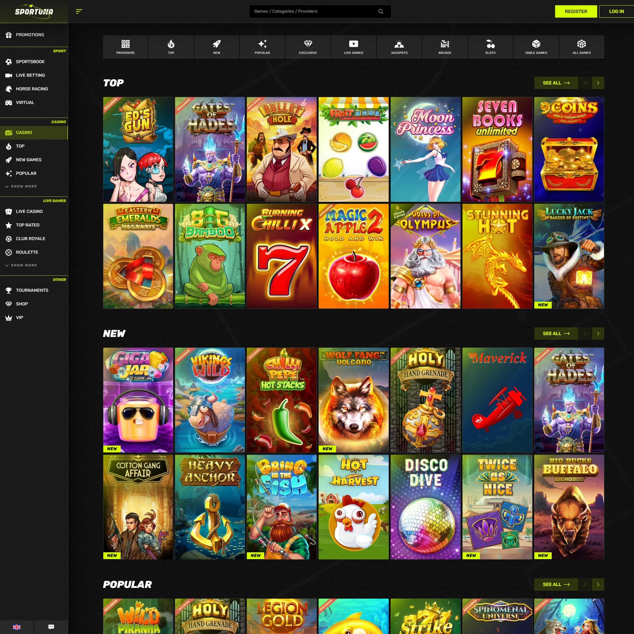 Find Sportuna Casino game catalog