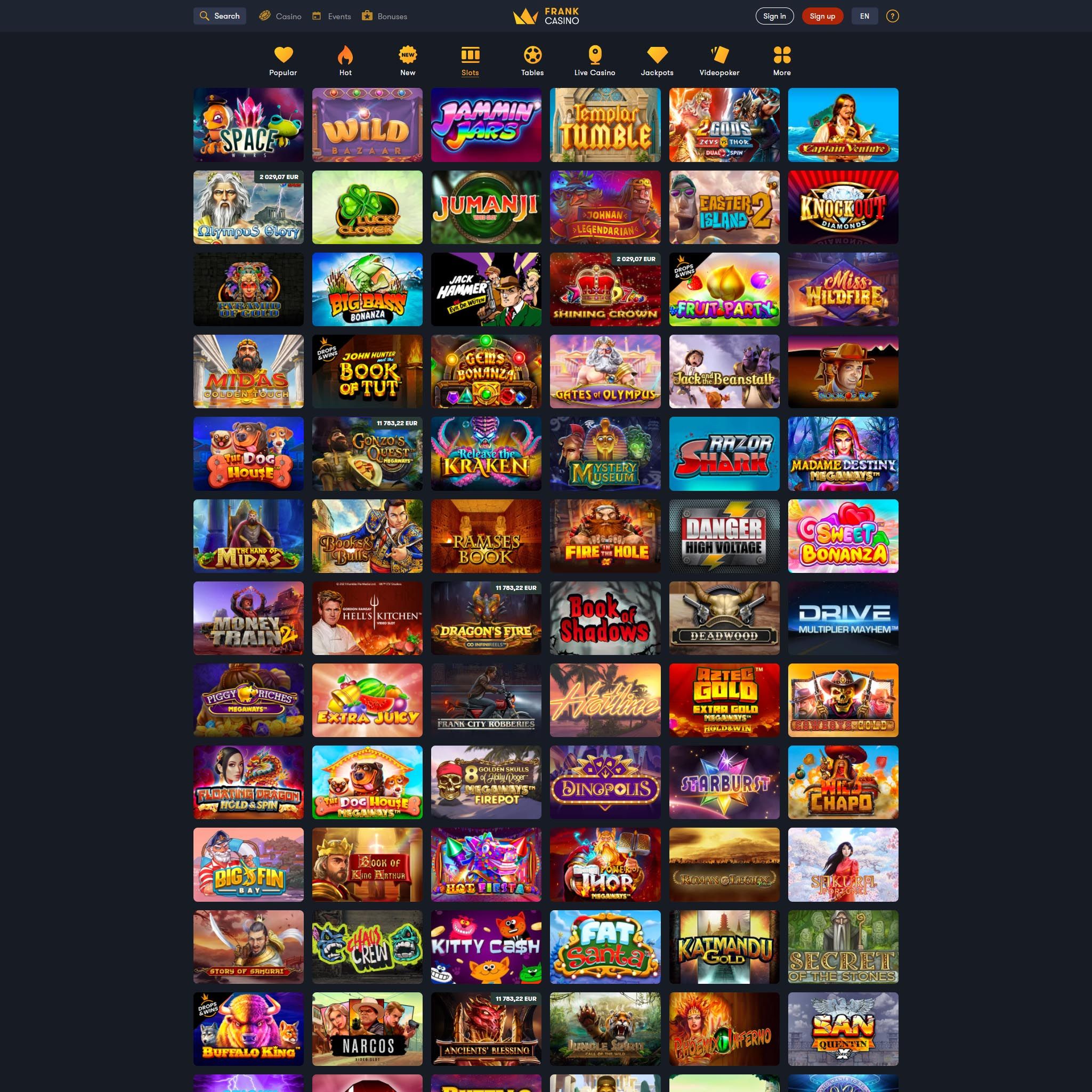 Frank Casino full games catalogue