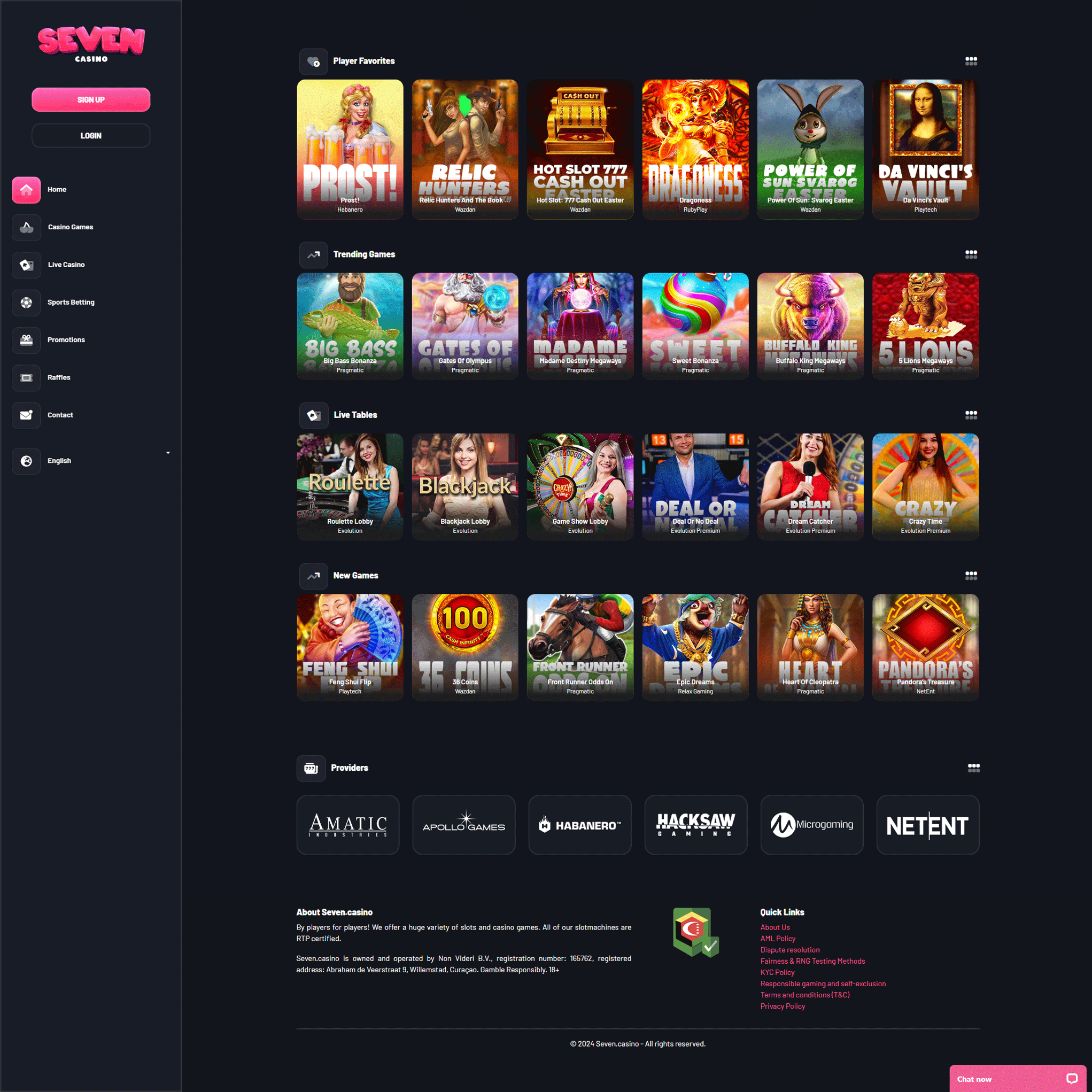 Interface de Seven Casino montrant des jeux et des promotions