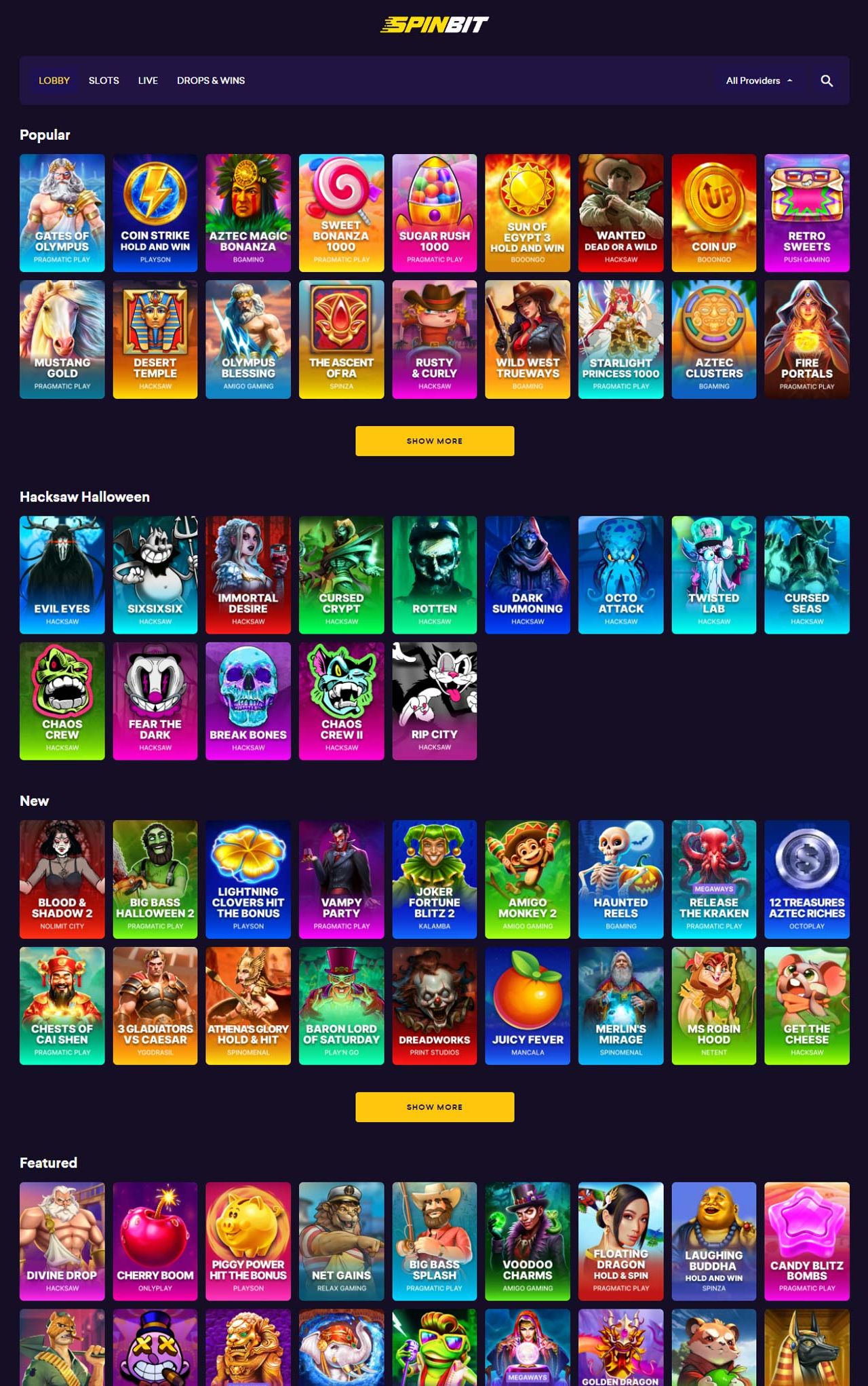 Spinbit Casino interface showcasing game lobby and promotional banners