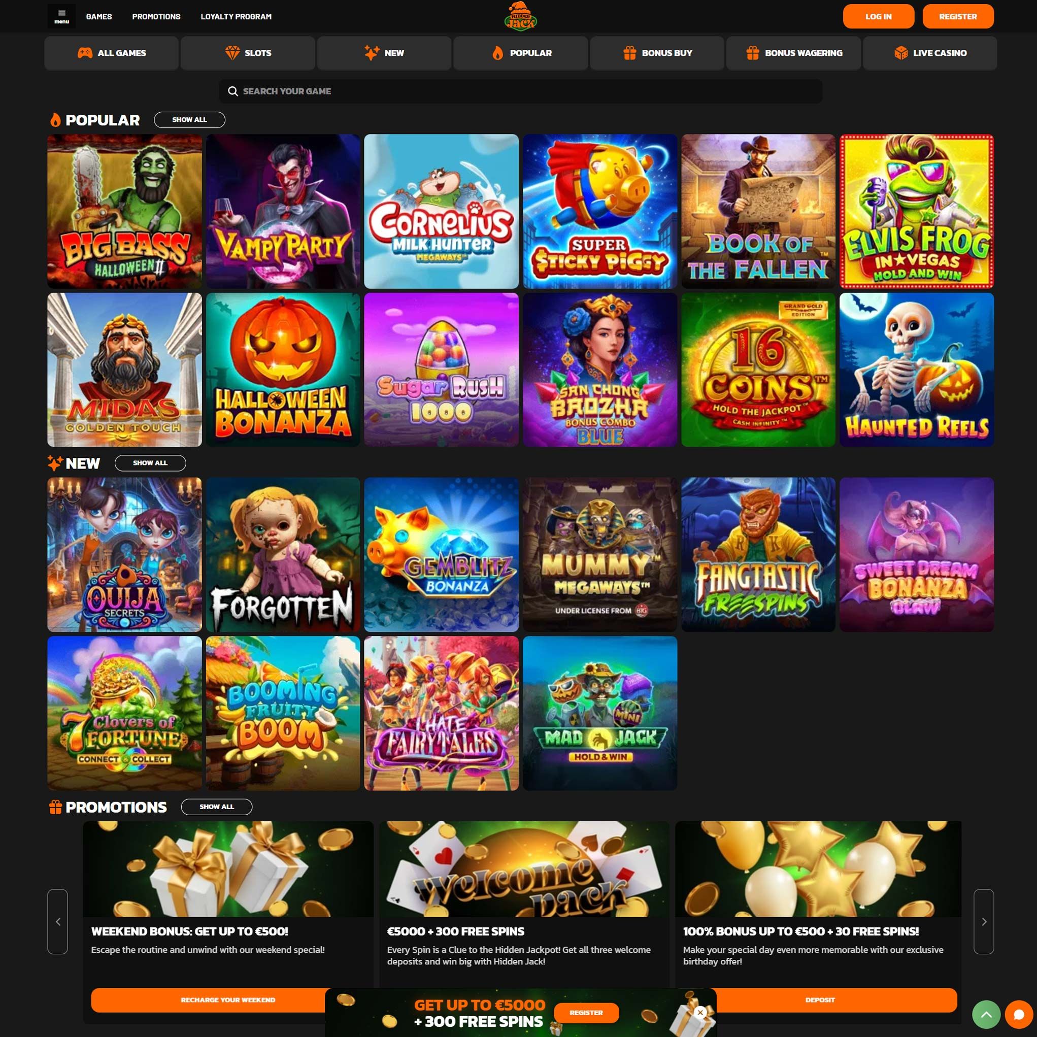 Screenshot van de Hidden Jack casino app interface