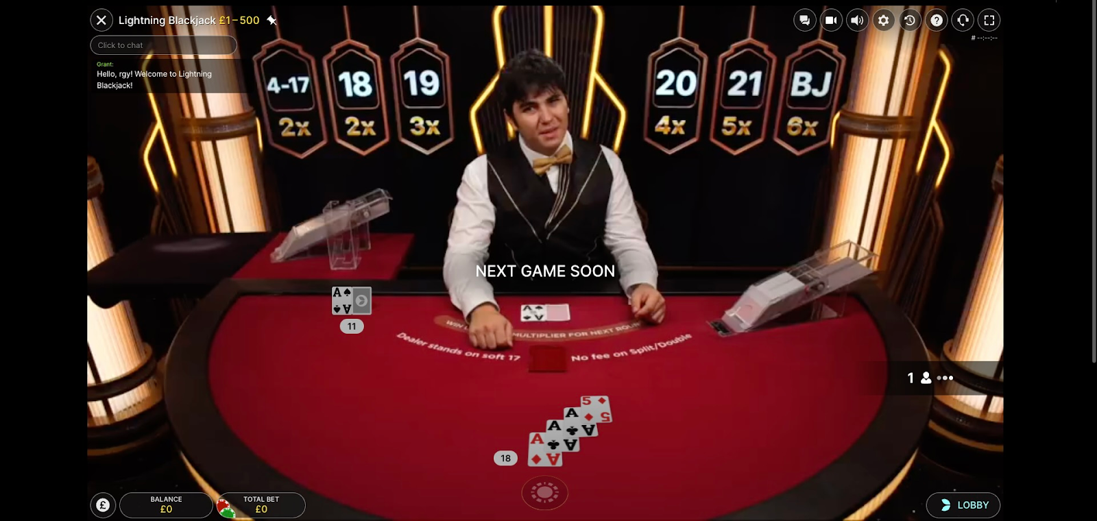 Playing Evolution Gaming's Lightning Blackjack at an online casino