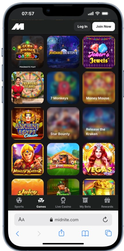 A selection of Pragmatic Play games on mobile