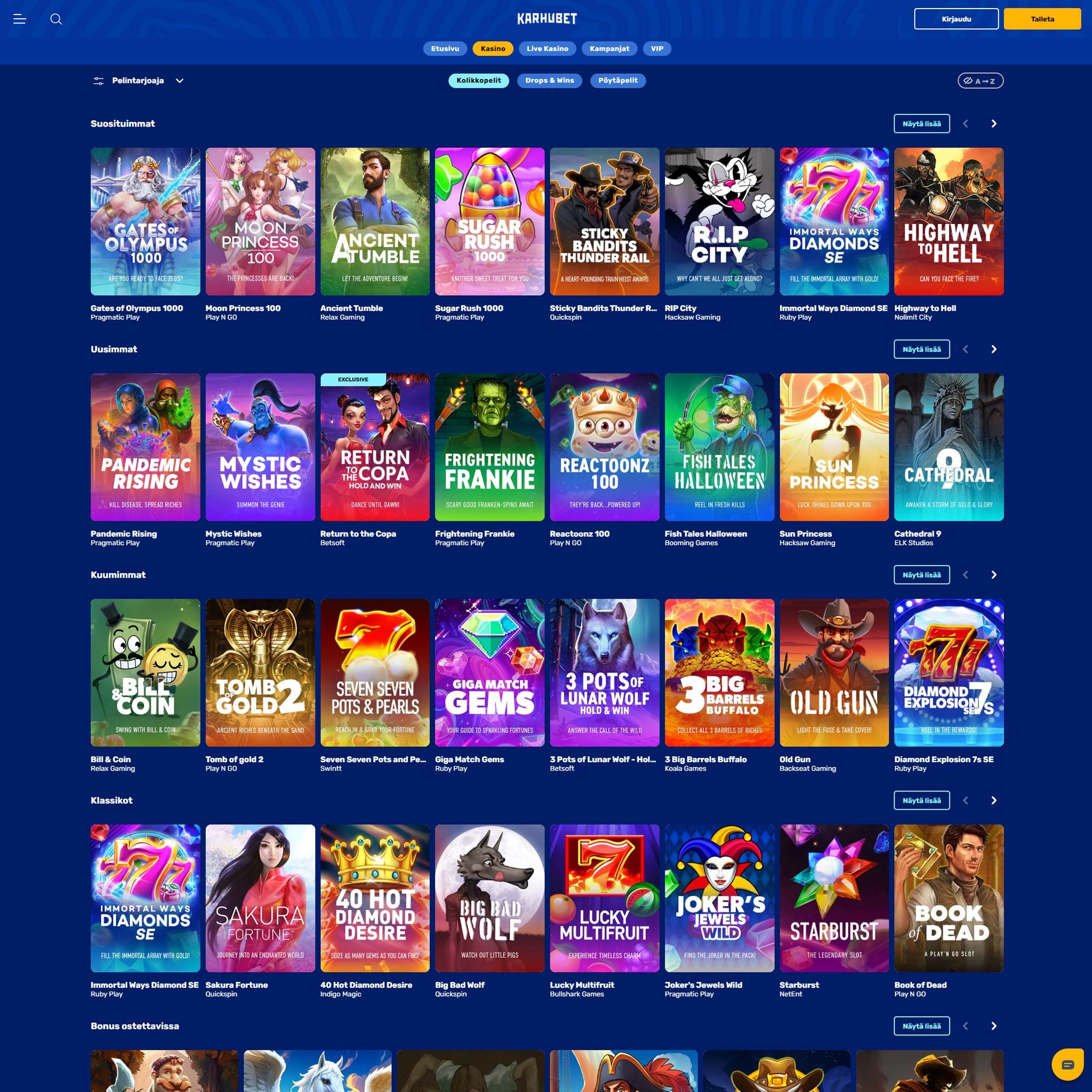 Suomalaiset nettikasinot tarjoavat monia hyötyjä pelaajille. Karhubet on suosittelemamme nettikasino, jolle voit lunastaa bonuksia ja muita etuja.