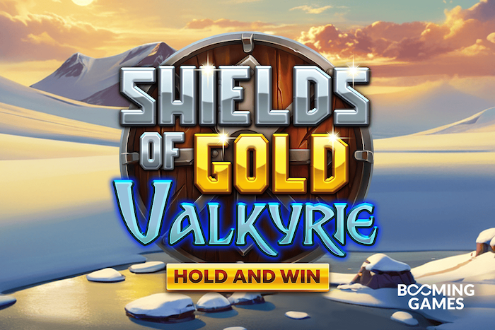 Shields of Gold Valkyrie Hold and Win slot game by Booming Games featuring a wooden shield on a snowy Nordic landscape.