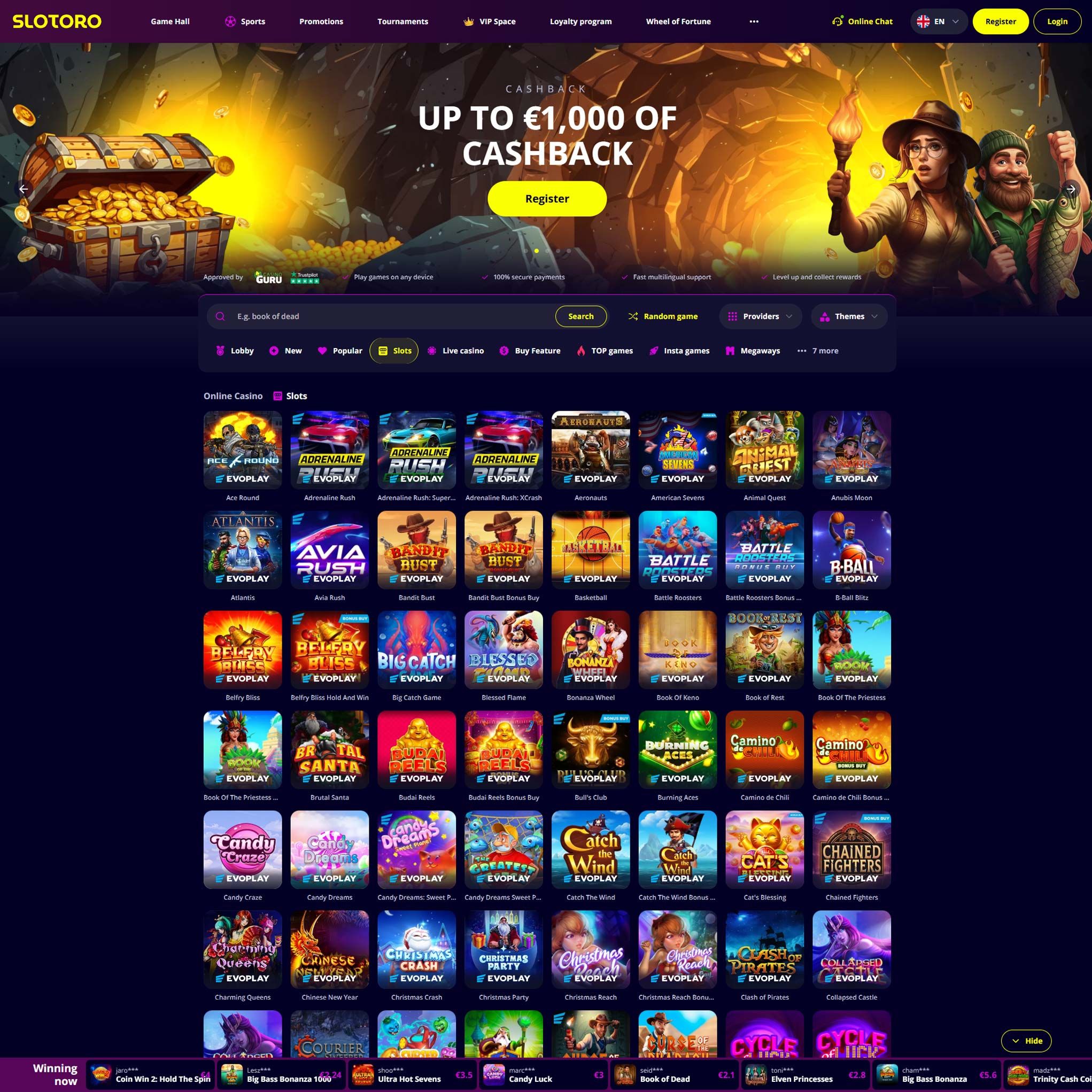 Find Slotoro Casino game catalog
