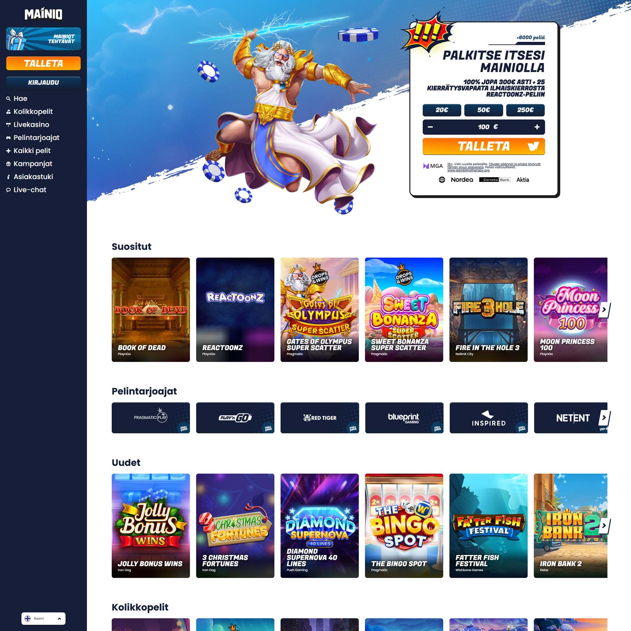 Suomalaiset nettikasinot tarjoavat monia hyötyjä pelaajille. Mainiokasino on suosittelemamme nettikasino, jolle voit lunastaa bonuksia ja muita etuja.