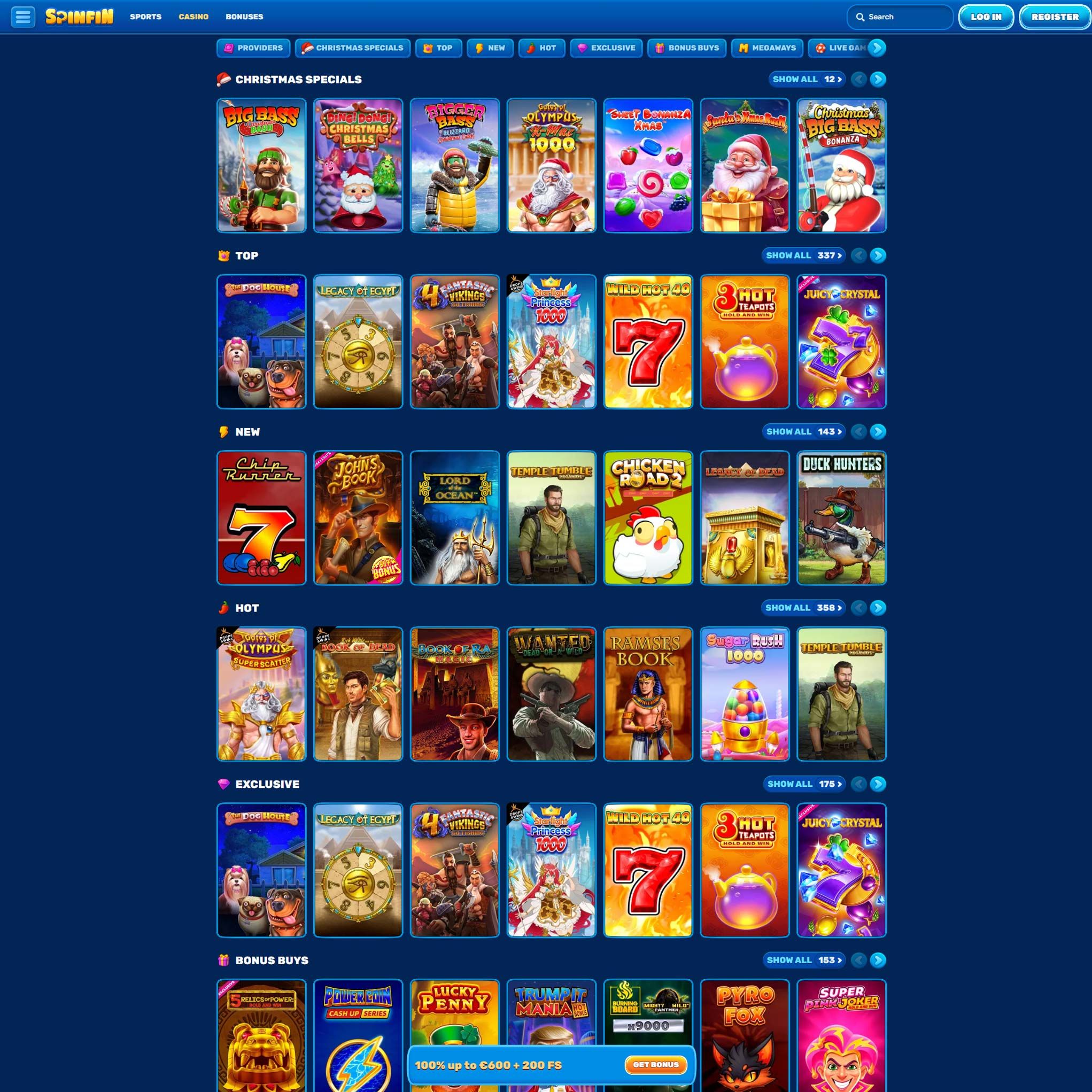 SpinFin Casino full games catalogue