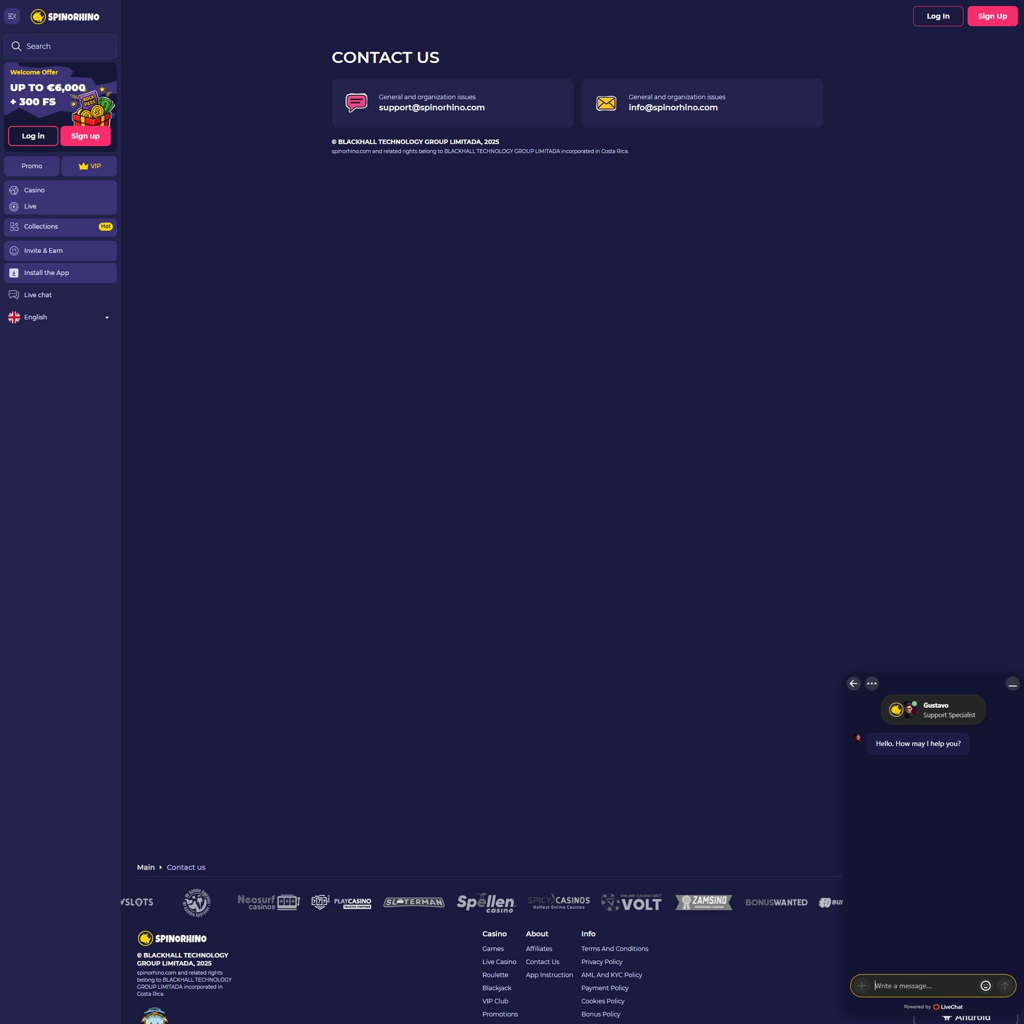SpinorHino Casino Interface