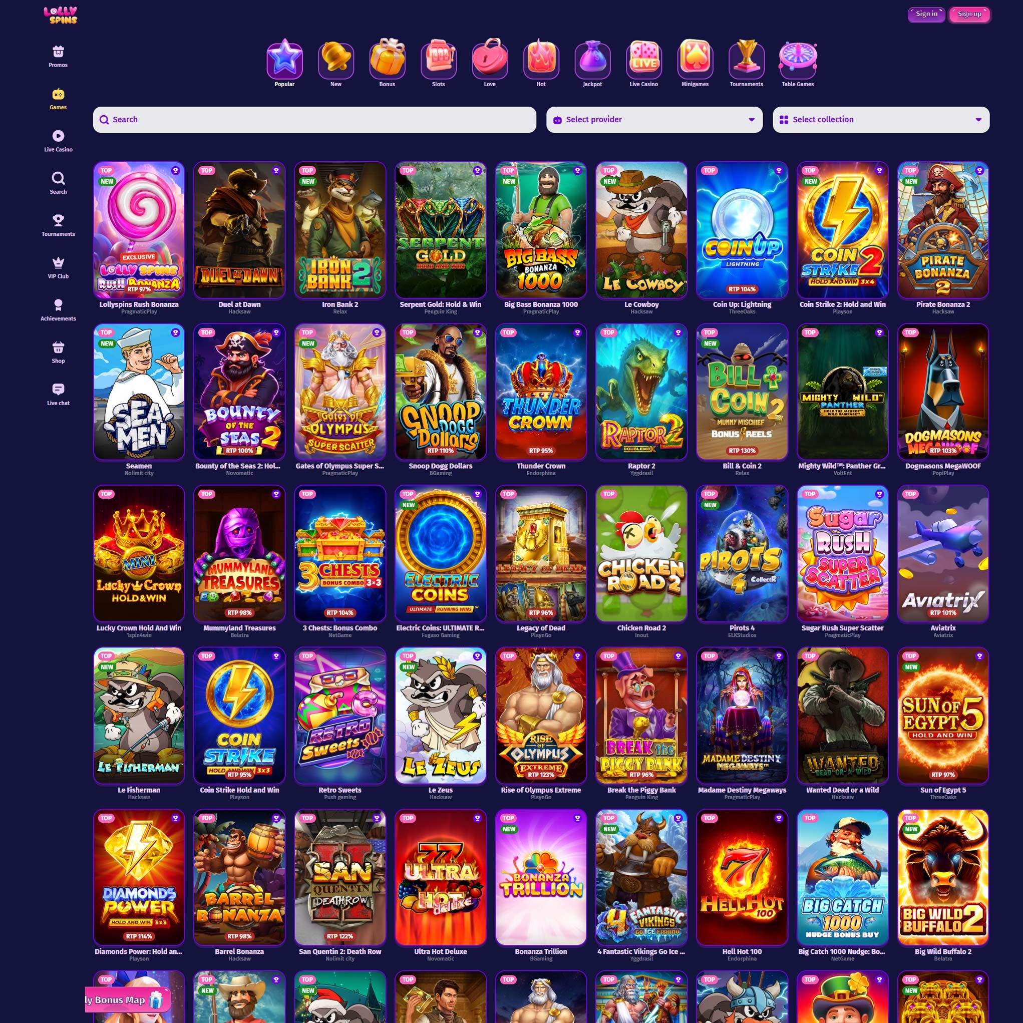 Lollyspins Casino full games catalogue