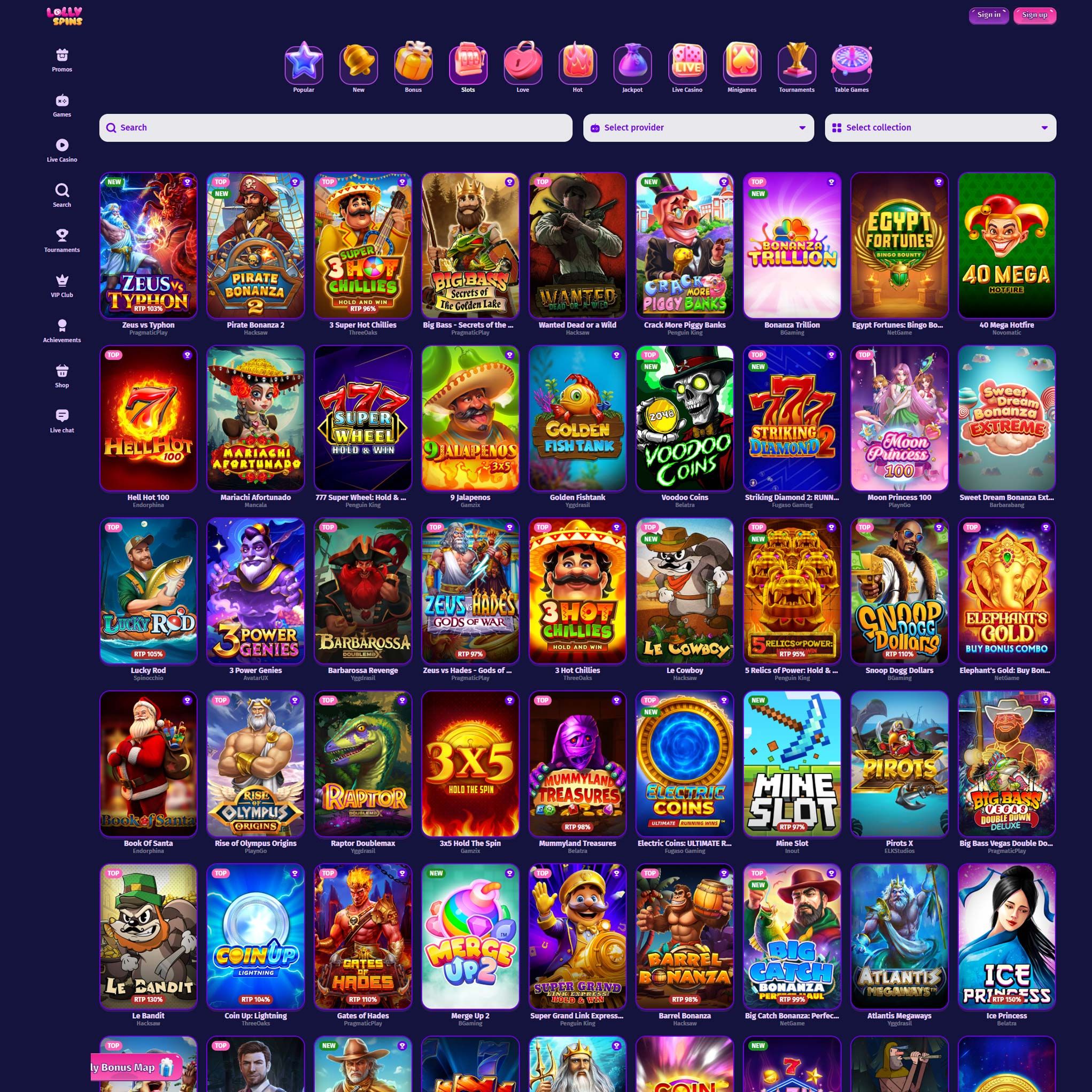 Lollyspins Casino full games catalogue