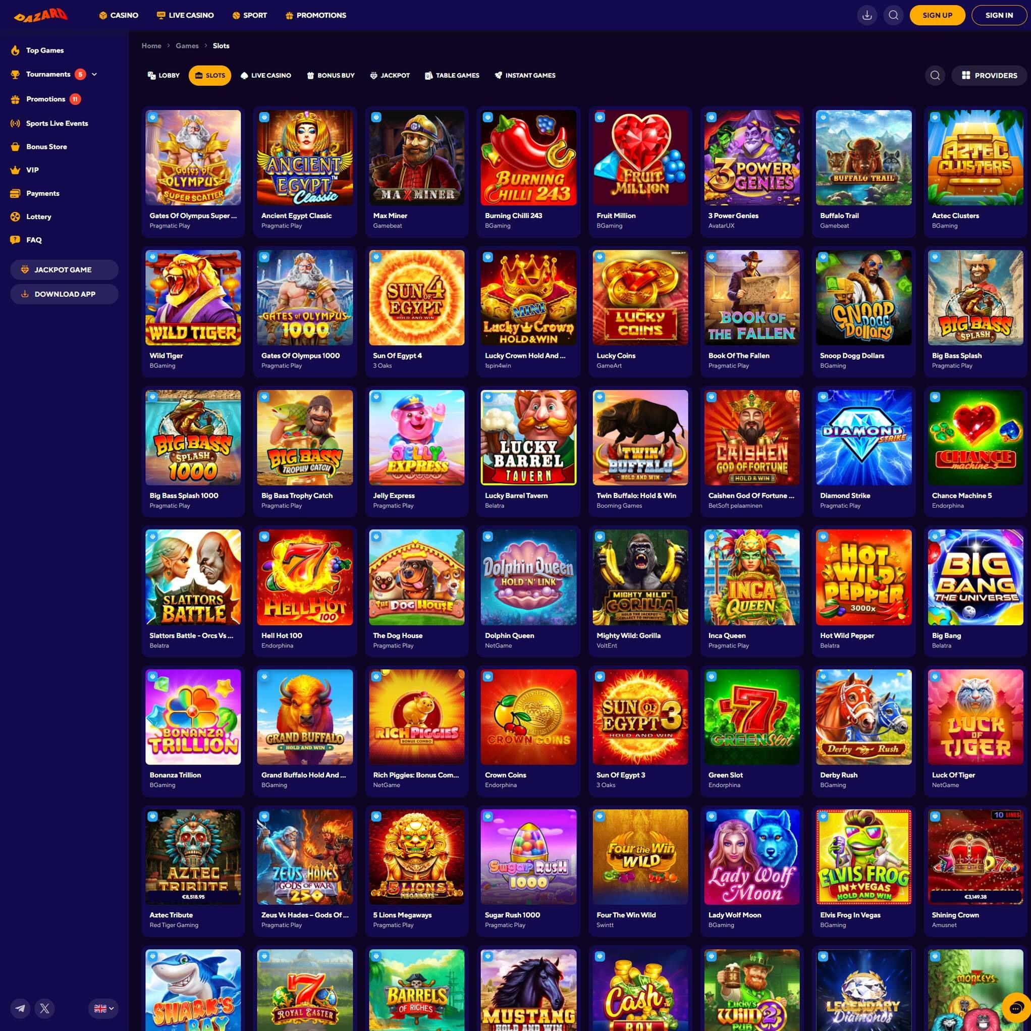 Dazard Casino full games catalogue