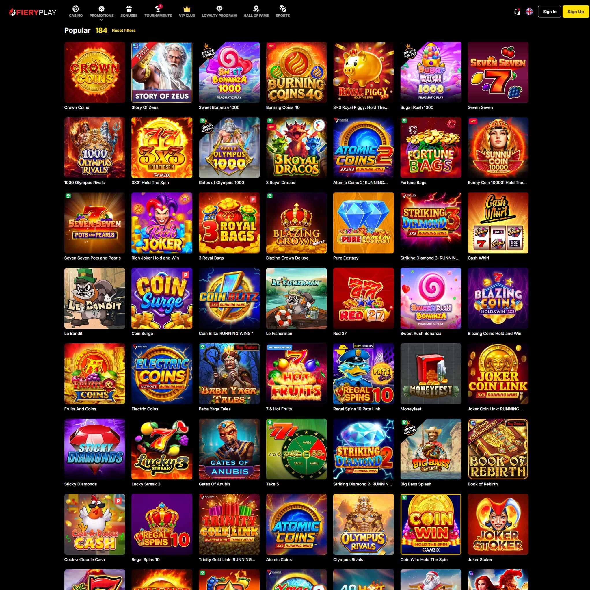 FieryPlay Casino full games catalogue
