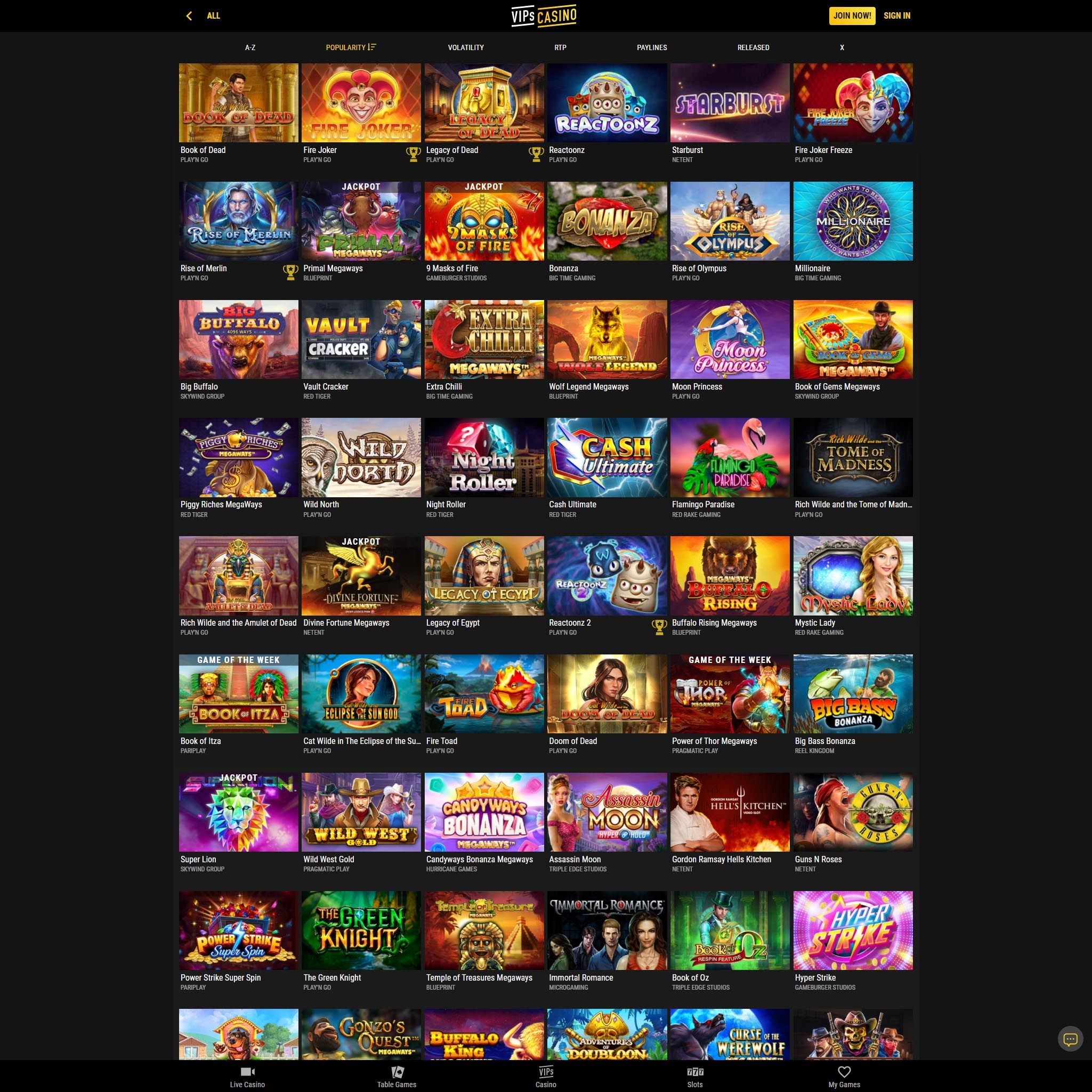 VIPs Casino full games catalogue