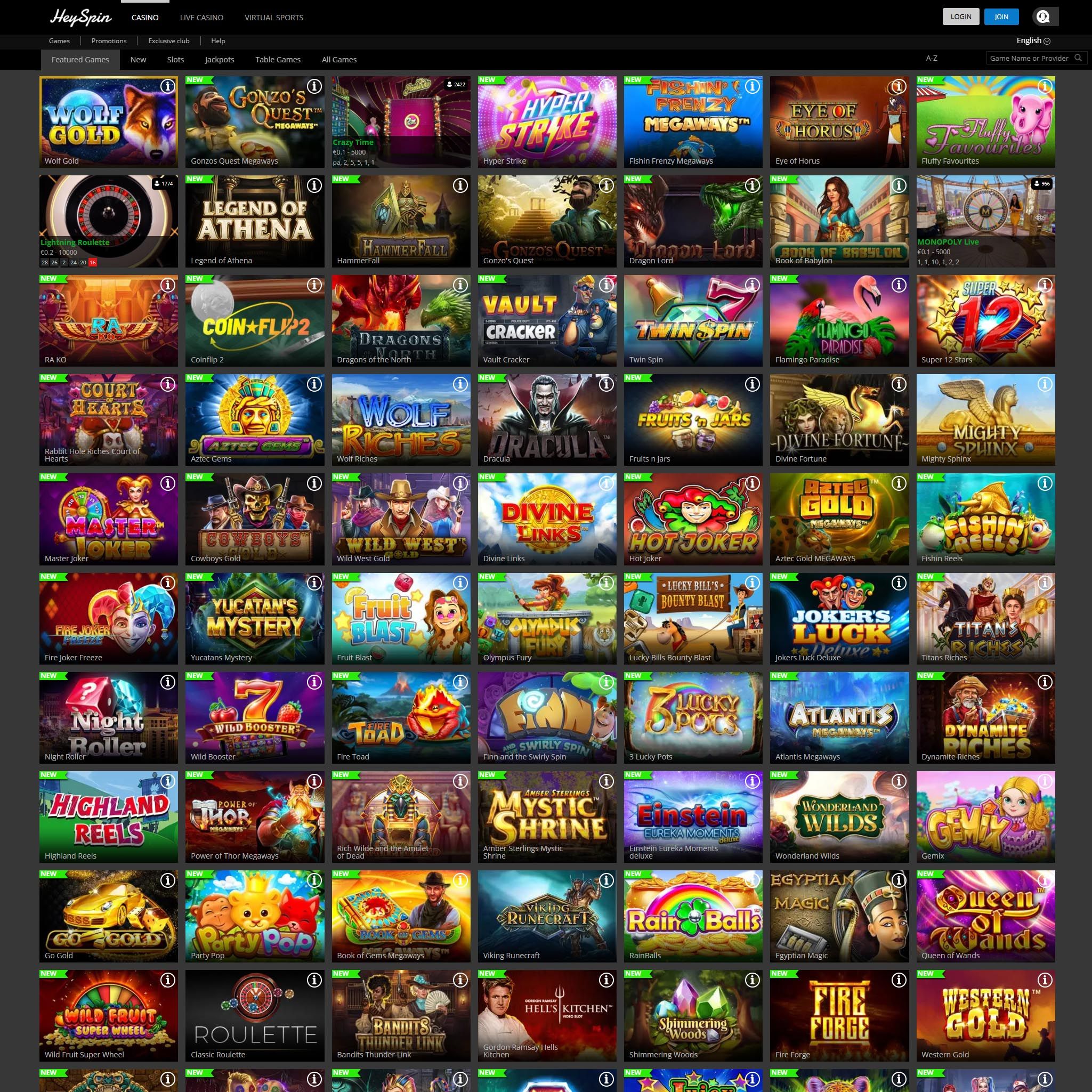 Hey Spin Casino full games catalogue