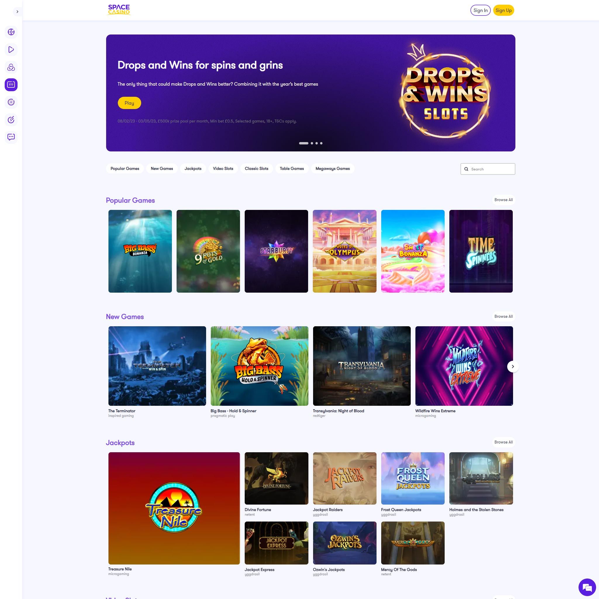 Find Space Casino game catalog