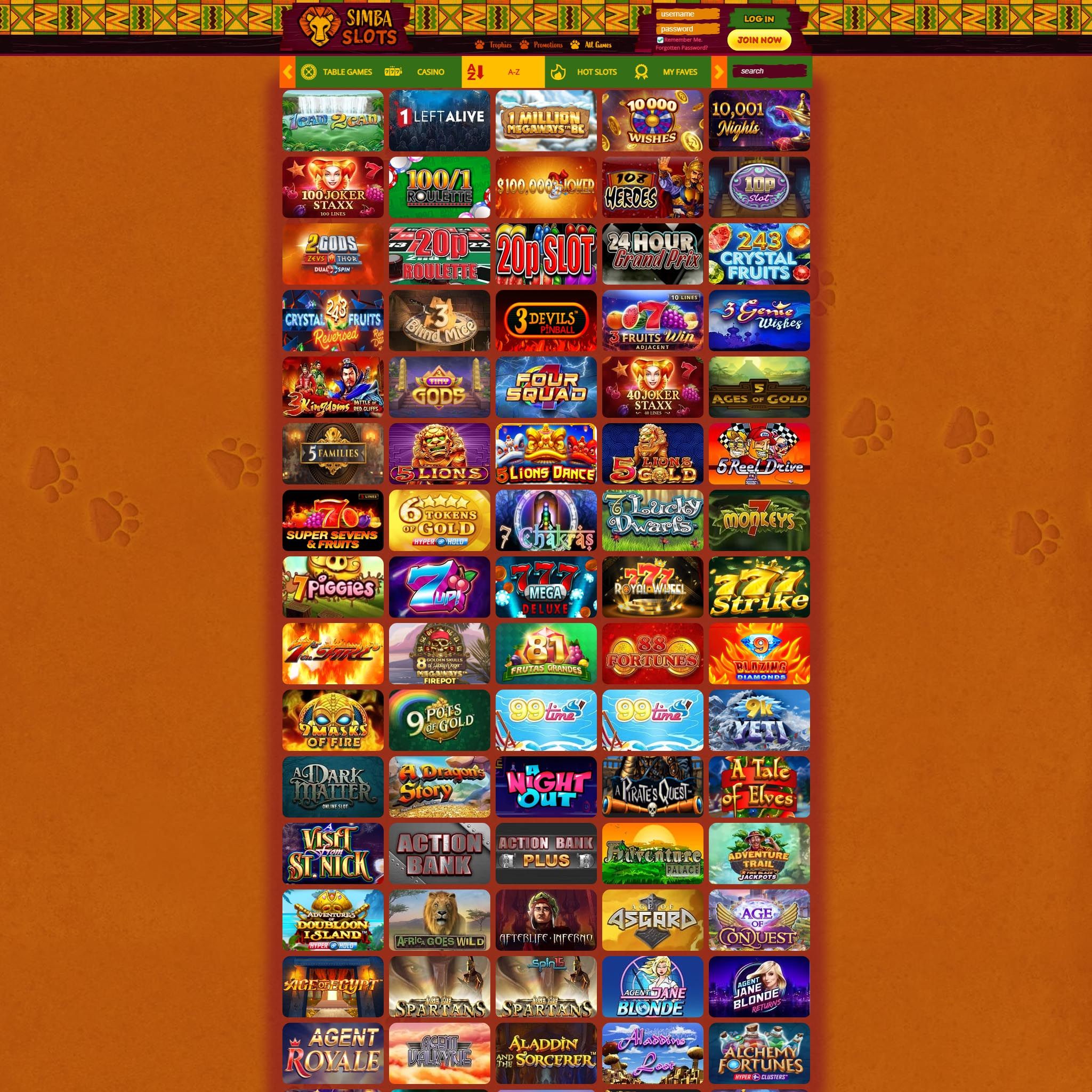 Simba Slots Casino full games catalogue