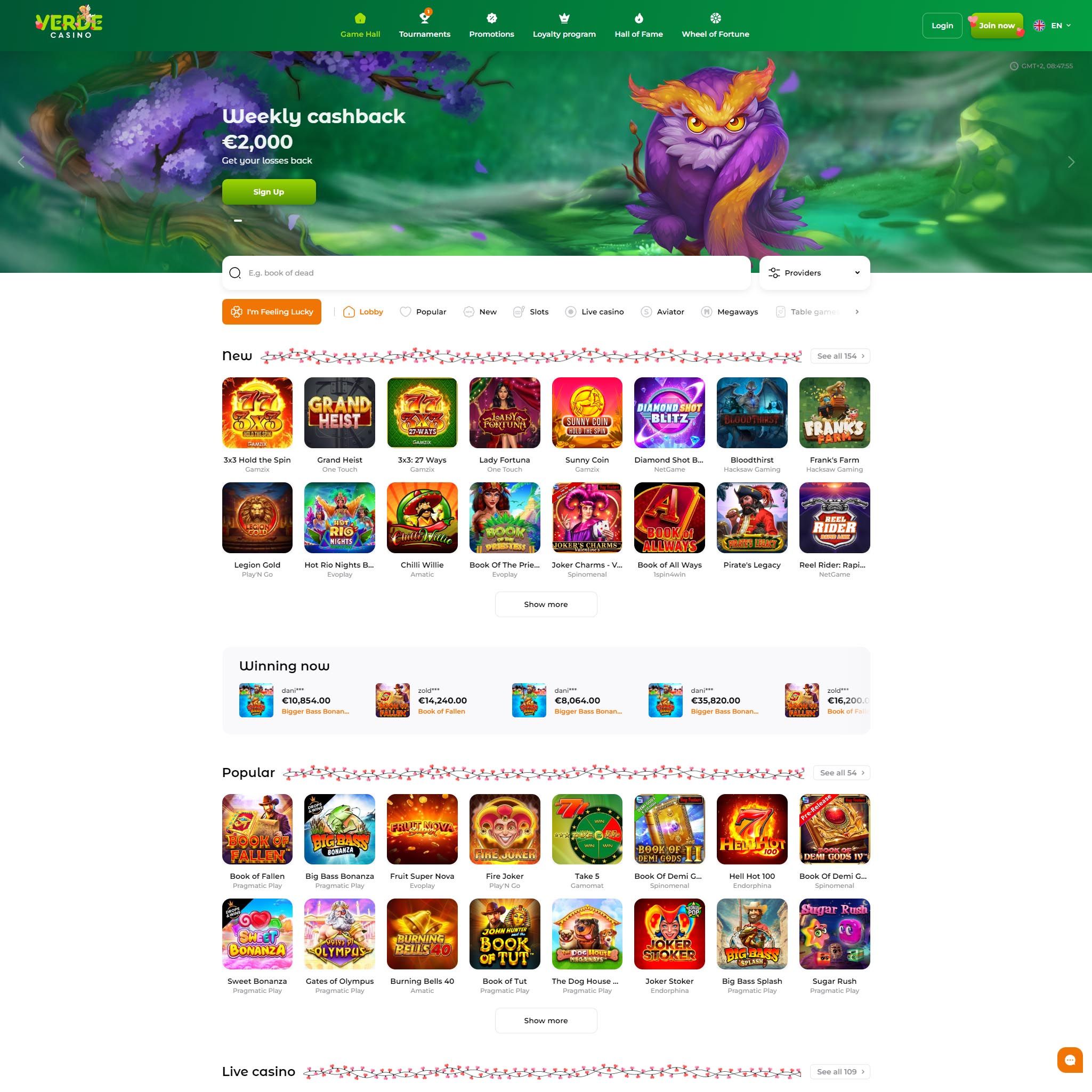 Interfaccia di Verde Casino con giochi selezionati