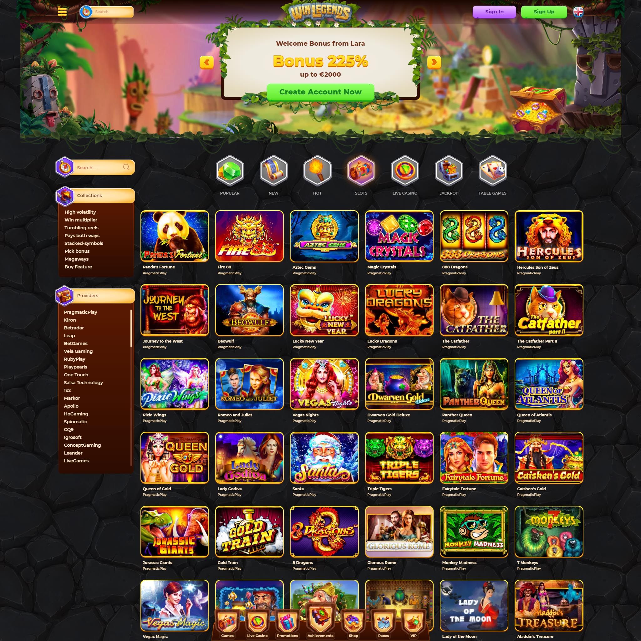 Find WinLegends Casino game catalog