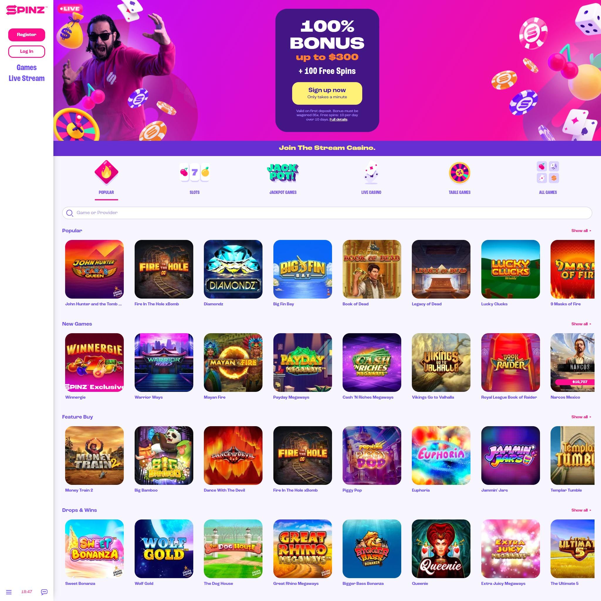 Spinz Casino full games catalogue