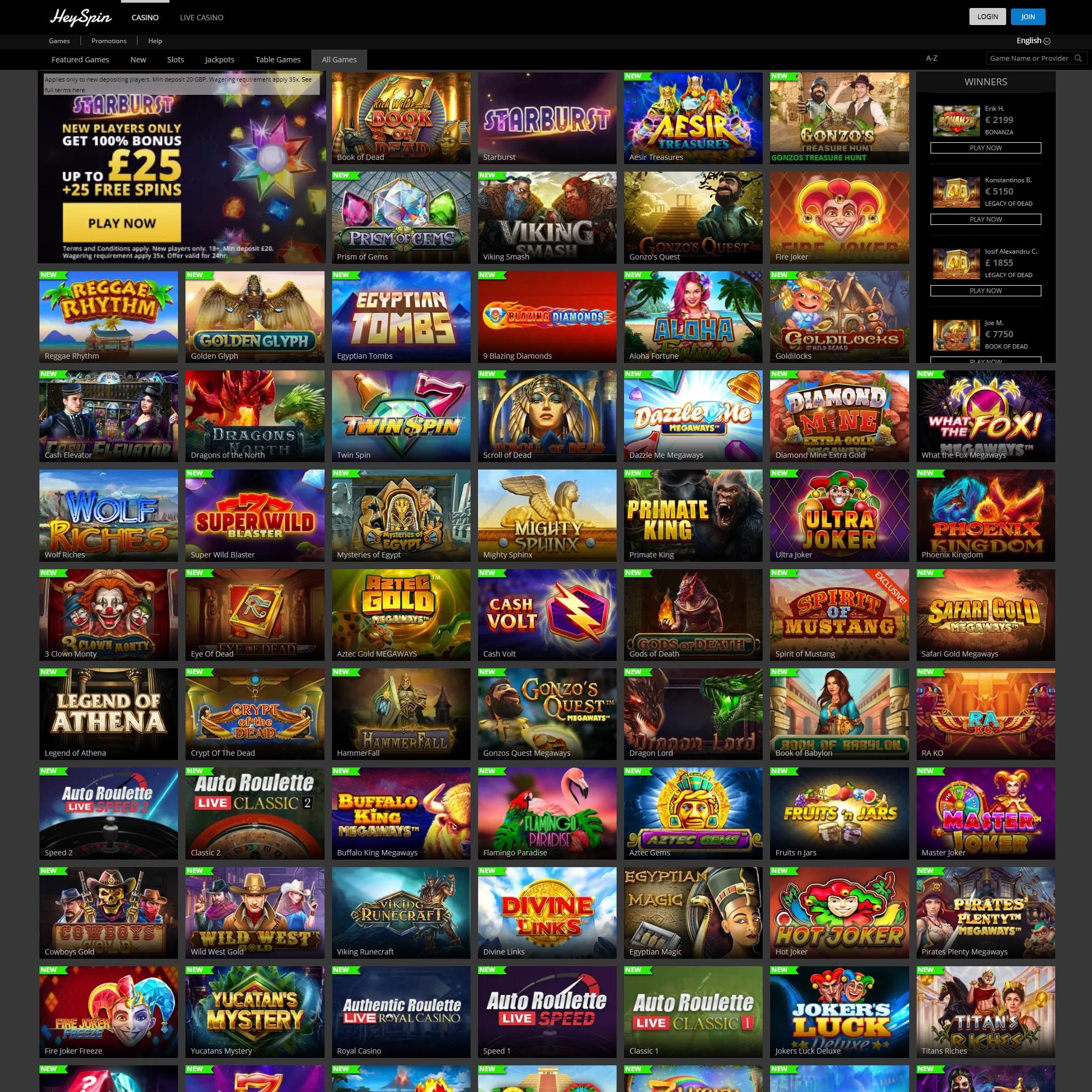 Hey Spin Casino full games catalogue