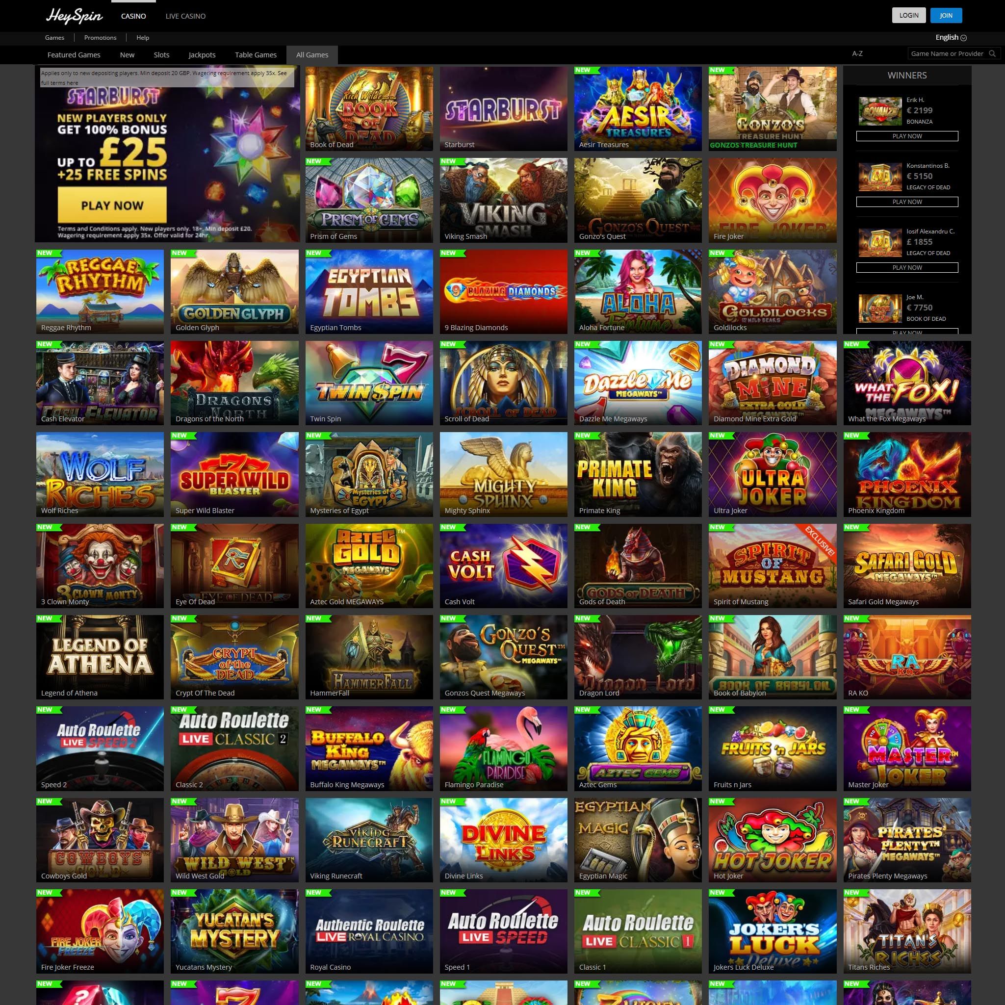 Hey Spin Casino full games catalogue