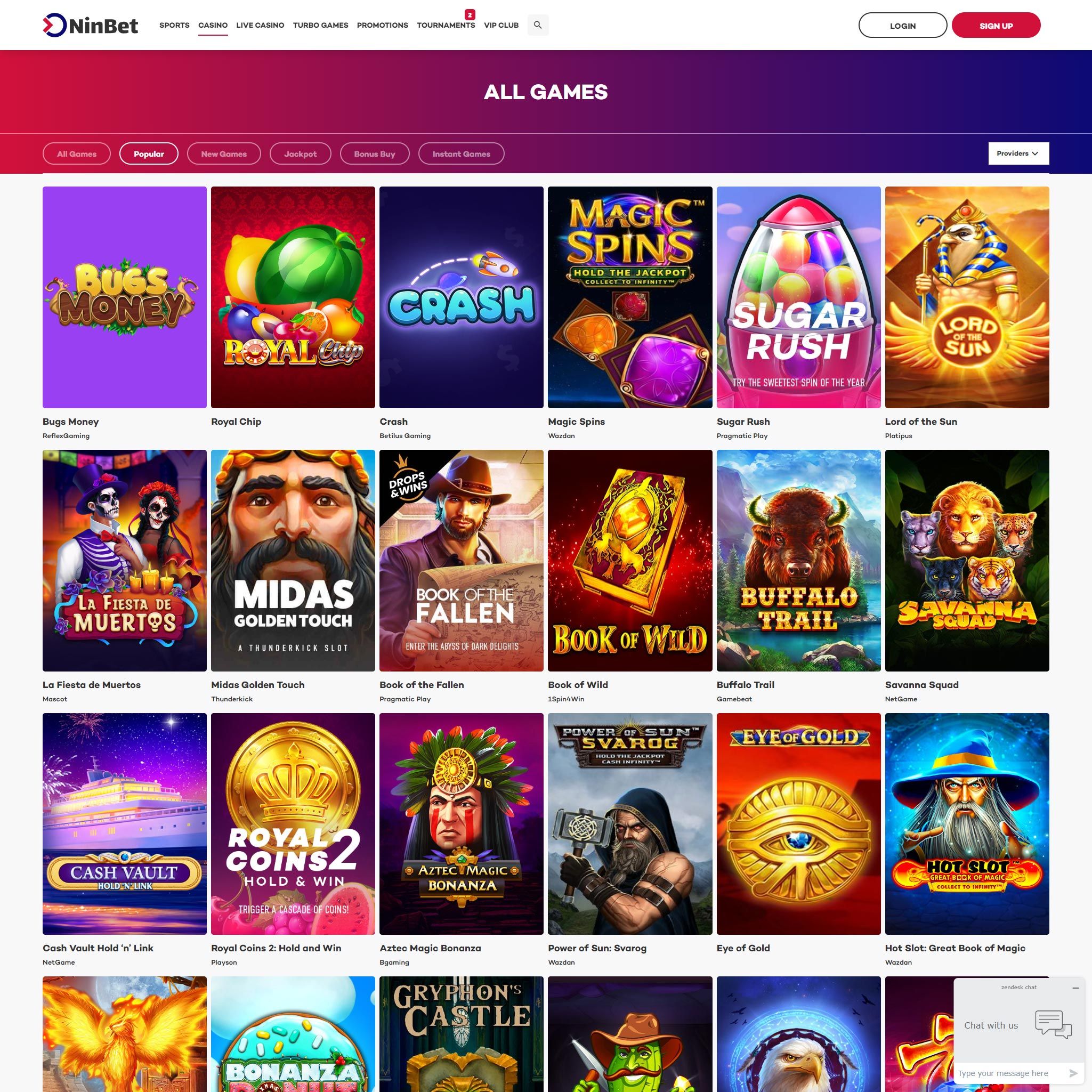 Find NinBet Casino game catalog