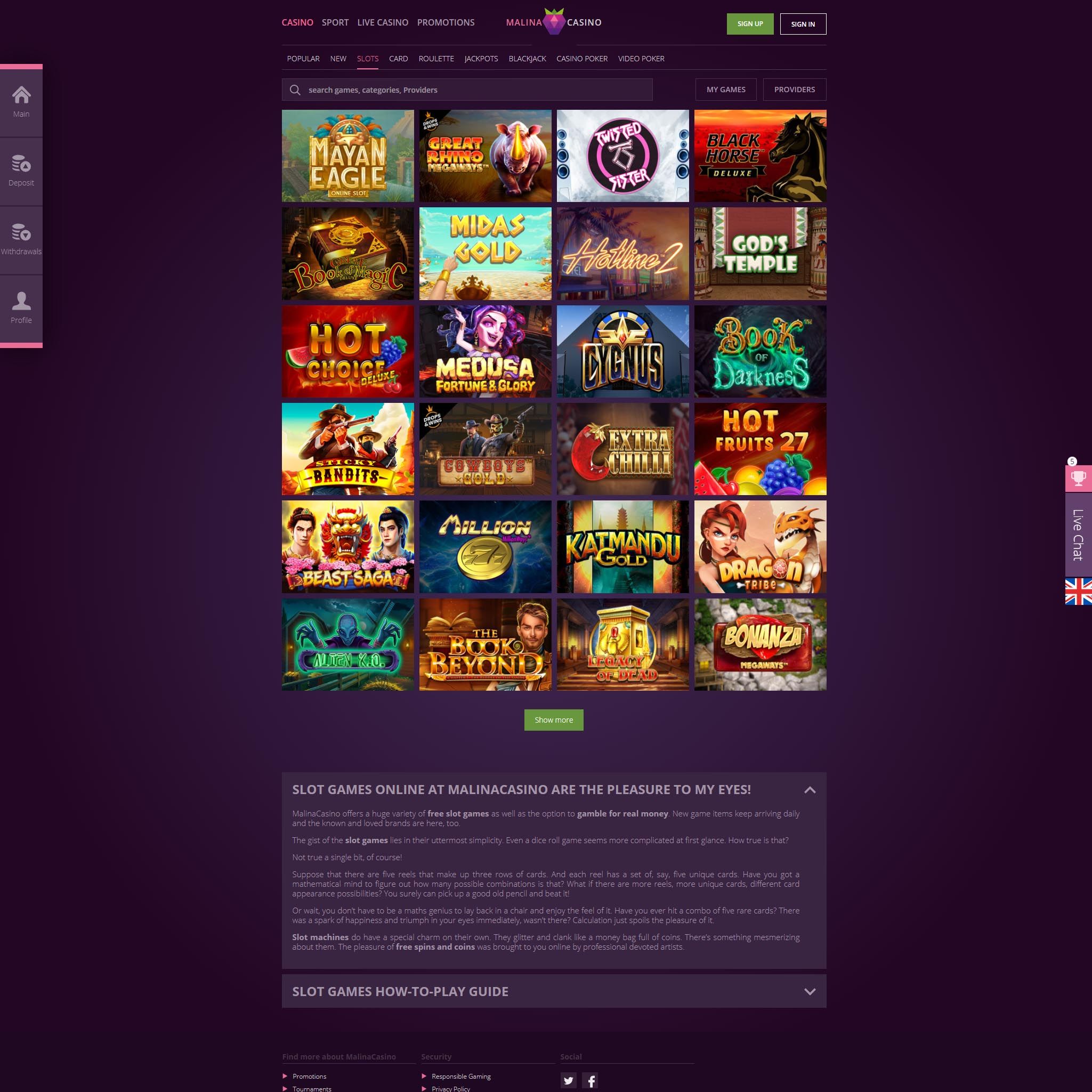 Malina Casino full games catalogue