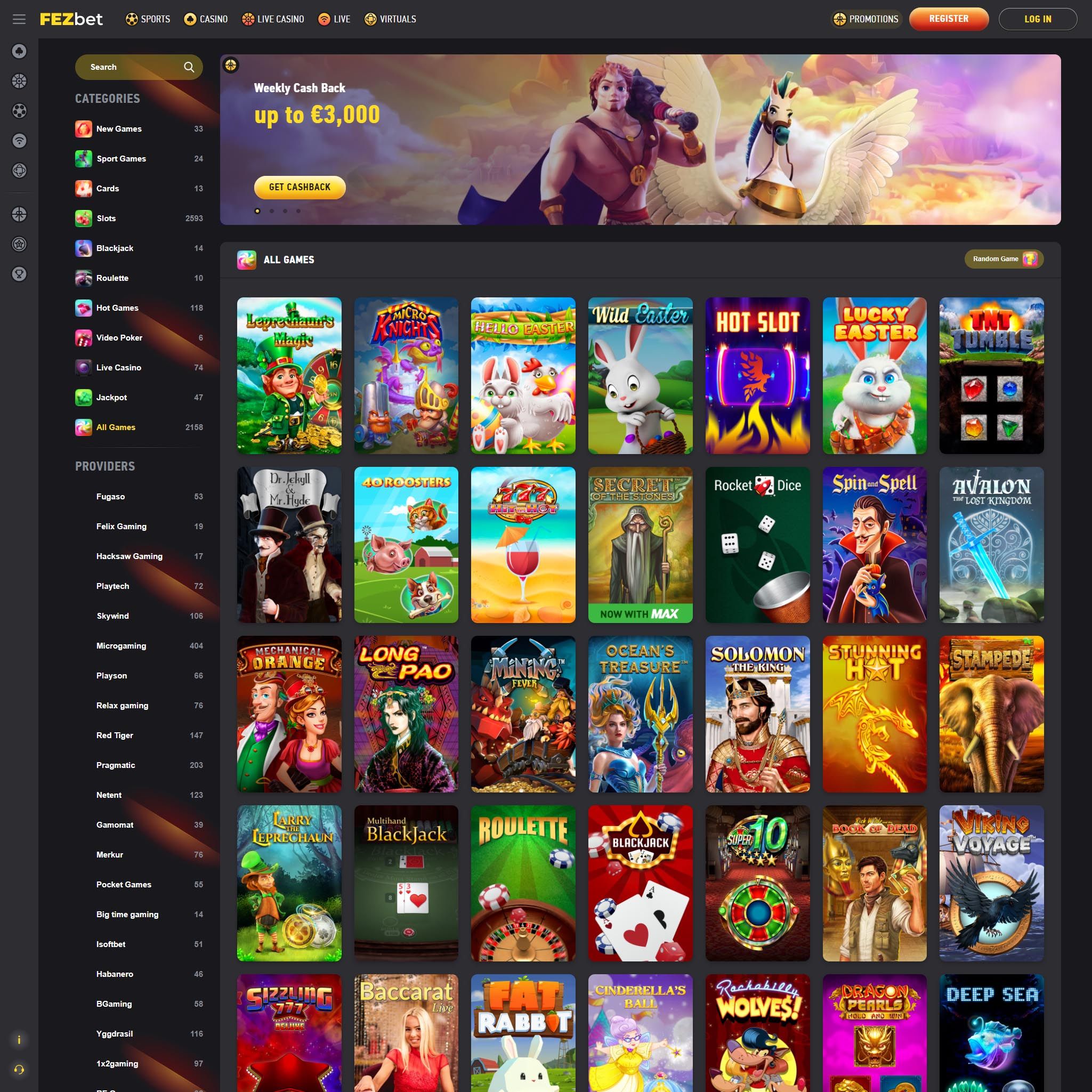 Ekran główny Fezbet slots z highlightem na darmowe spiny