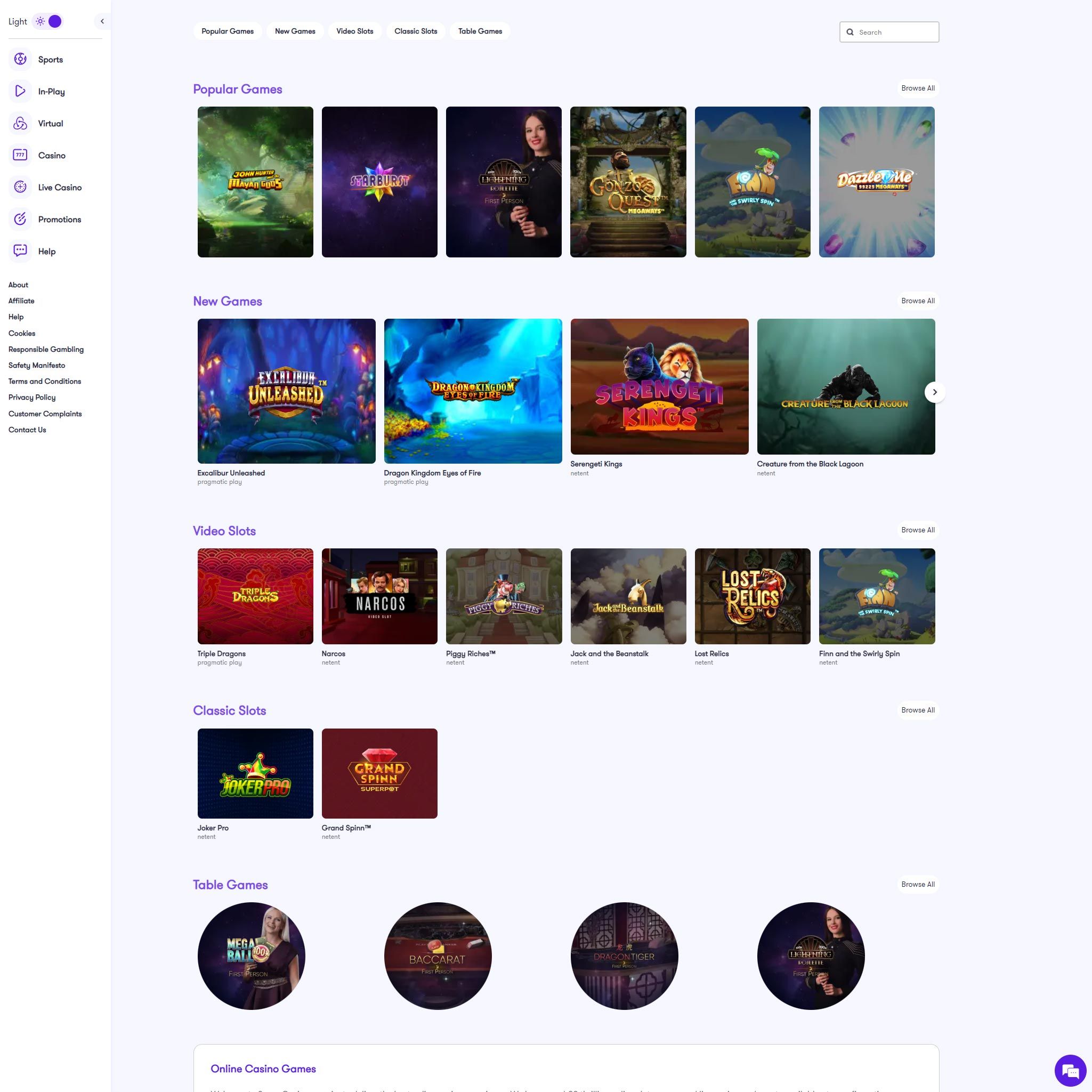 Find Space Casino game catalog